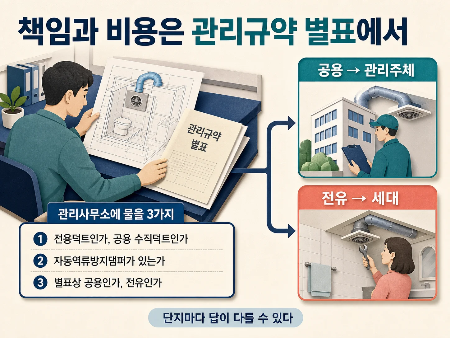 관리규약 별표로 배기덕트 관리책임과 비용부담을 확인하는 모습