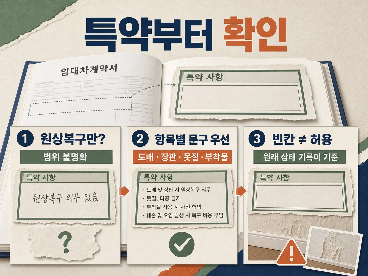 임대차 계약서 특약 사항에서 붙이는 벽지 원상복구 조건을 확인하는 모습