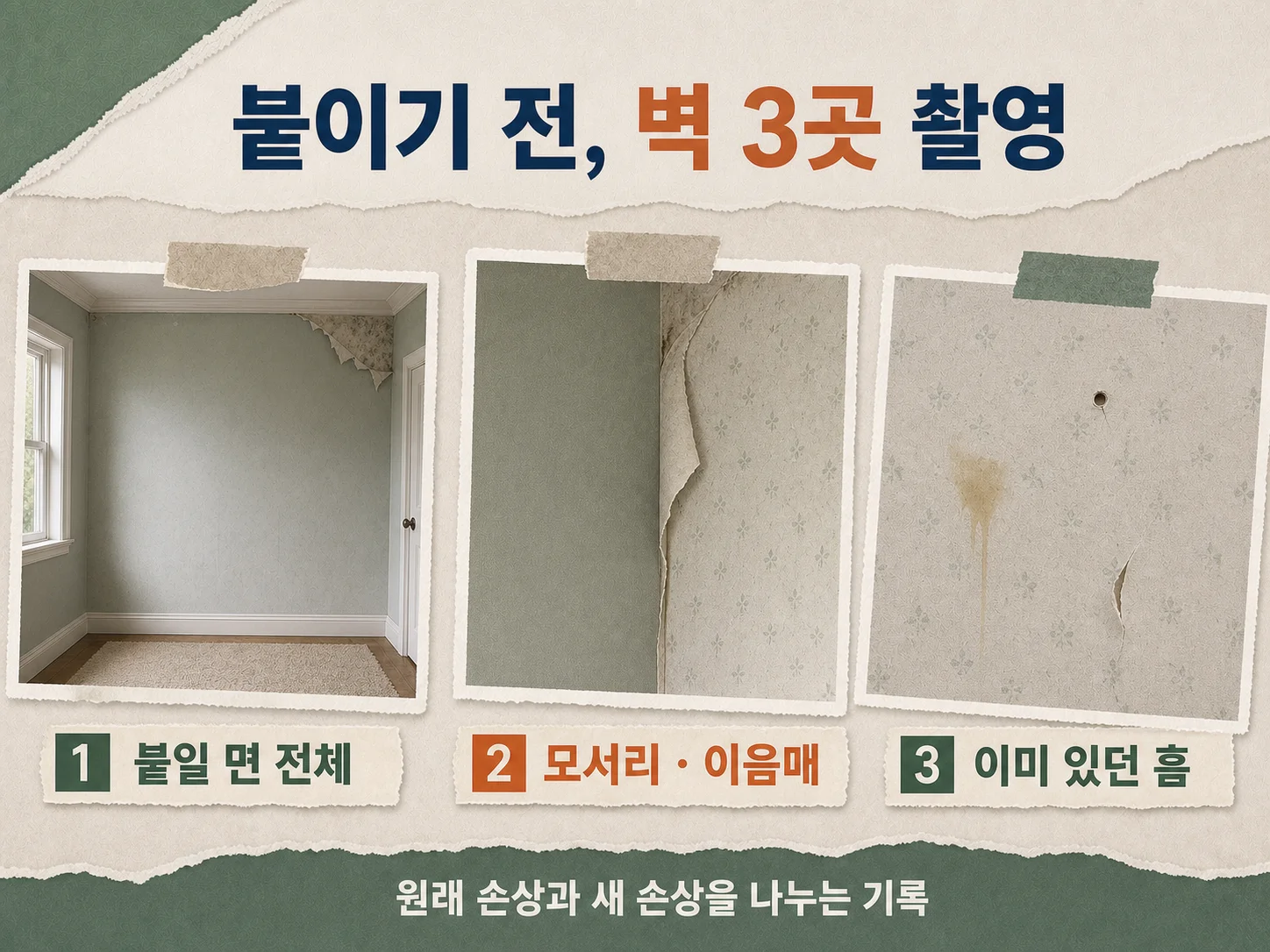 붙이는 벽지 시공 전 벽면 상태를 사진으로 기록하는 과정