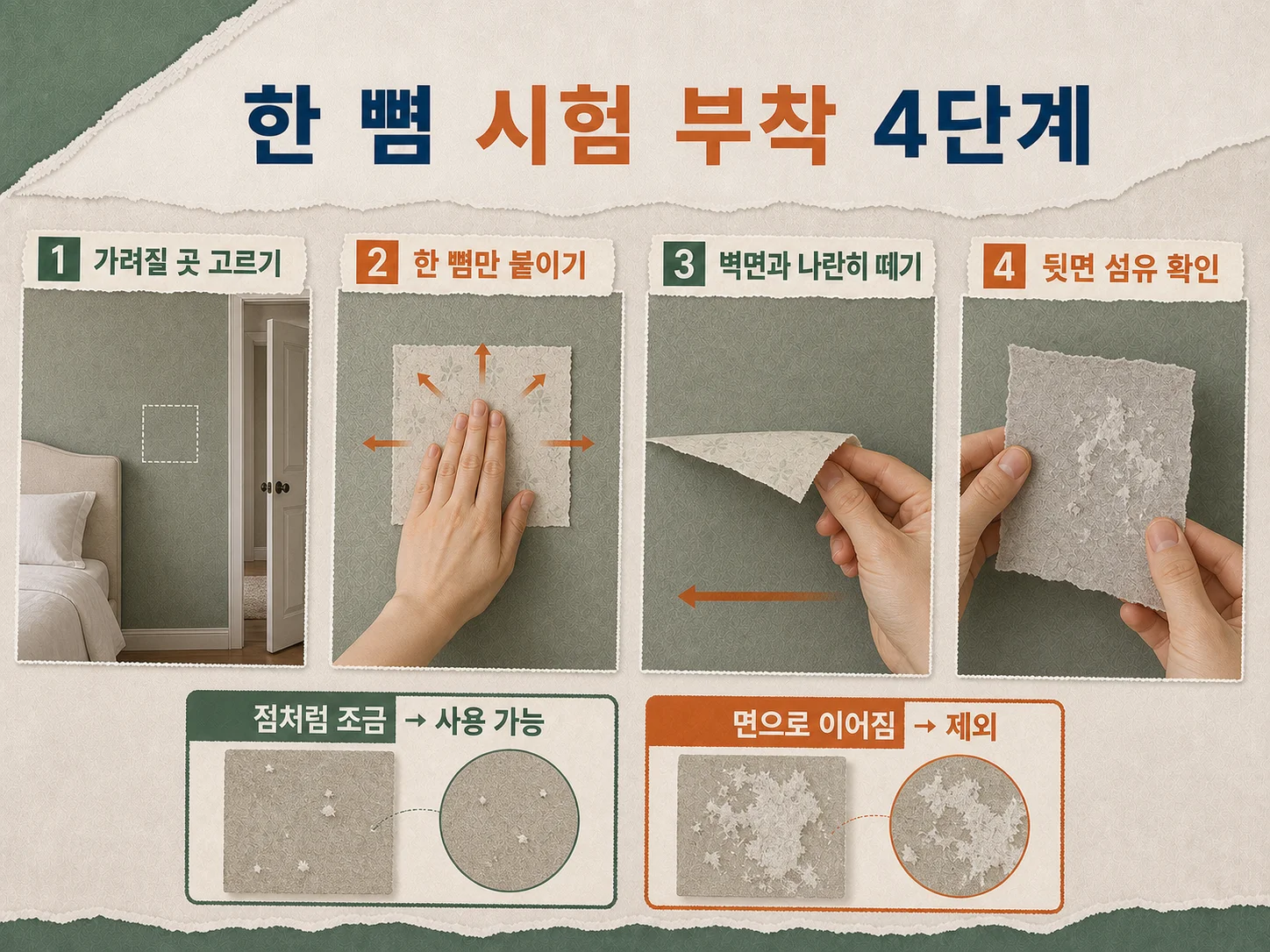 안 보이는 구석에 붙이는 벽지를 시험 부착하고 떼어보는 4단계 점검