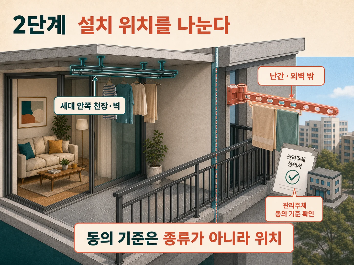 세대 안쪽 천장과 발코니 난간 외벽을 구분하는 빨래건조대 설치 위치 비교