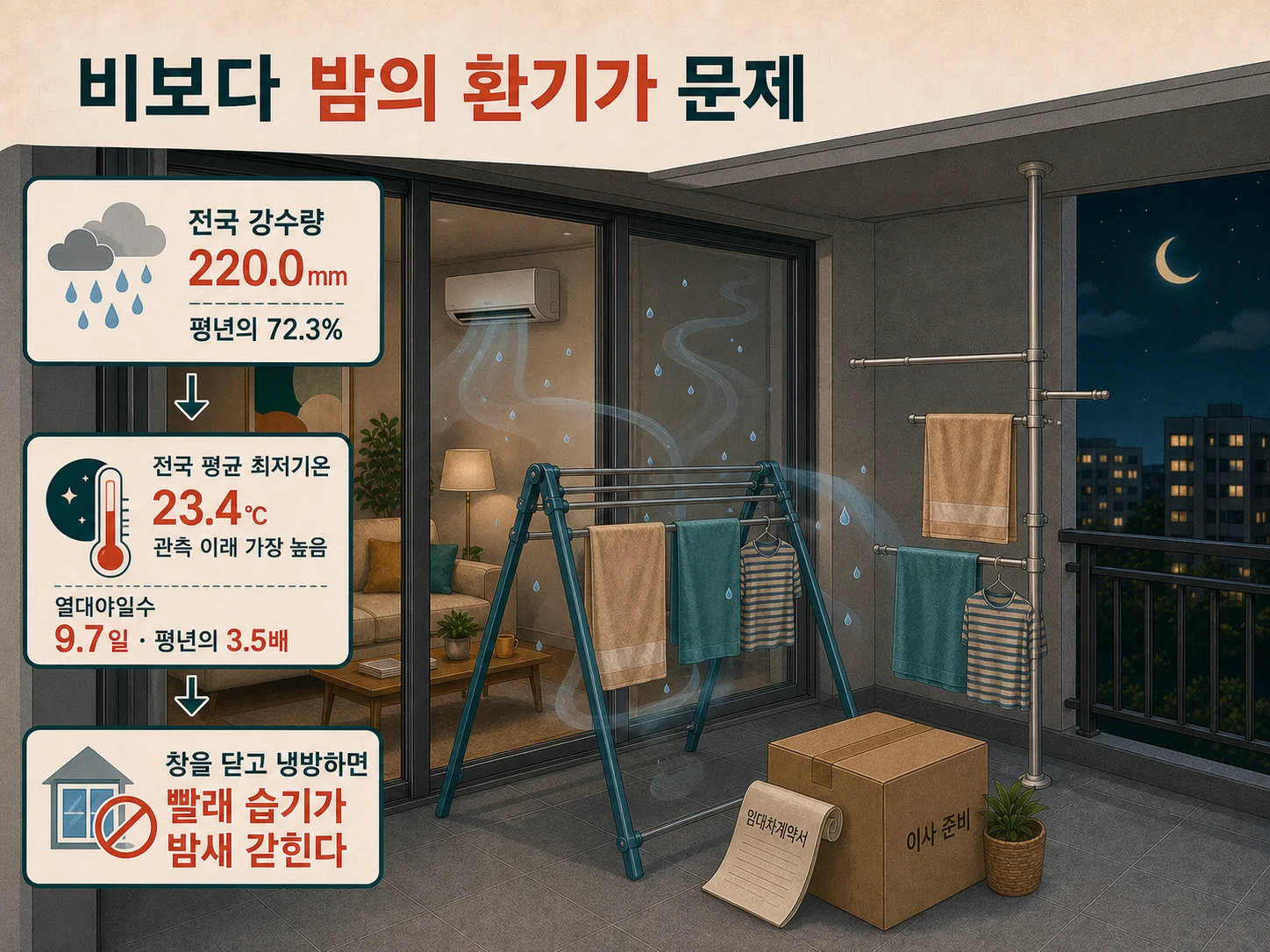 열대야와 높은 습도로 빨래건조대 위치와 무관하게 곰팡이가 생기는 환기 부족 문제
