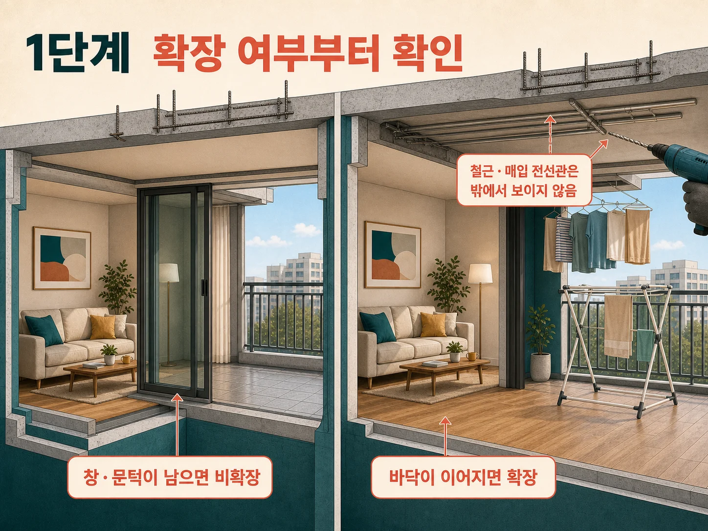 거실과 발코니 사이 창과 문턱으로 확장 여부를 판별하는 빨래건조대 설치 전 점검