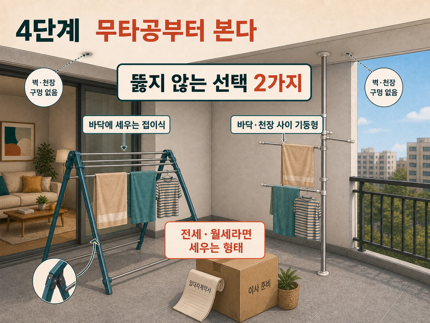 천장을 뚫지 않는 접이식과 기둥형 빨래건조대로 구멍 없이 세우는 방법