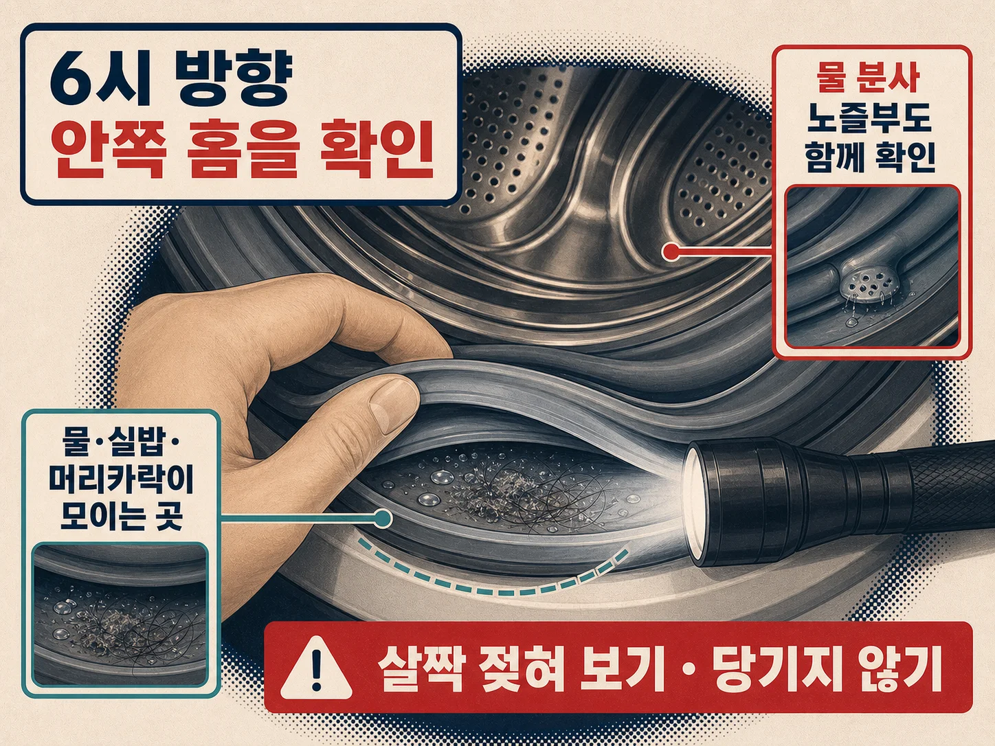 세탁기 고무패킹 6시 방향 안쪽 홈의 이물질 확인 방법