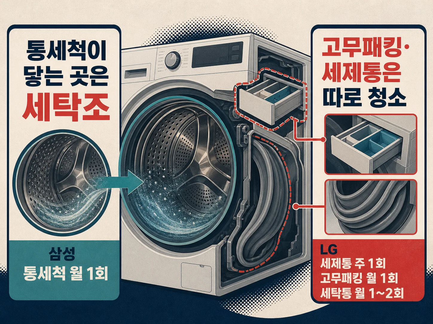 통세척 코스가 세탁조만 청소하고 고무패킹은 포함하지 않는 범위 설명