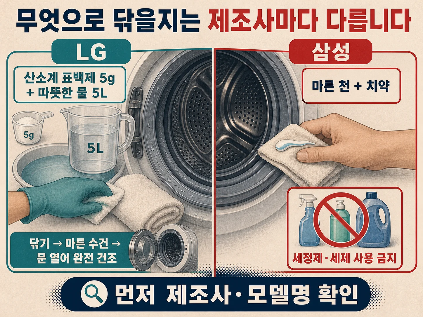 삼성과 LG 세탁기 고무패킹 청소 세정 방법 비교