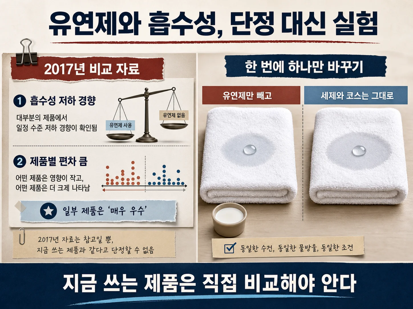 섬유유연제 사용 수건의 흡수성 변화를 보여주는 이미지
