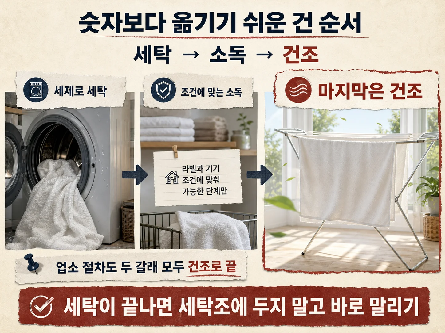 업소용 수건과 가정용 수건의 소독 및 건조 절차 비교 이미지