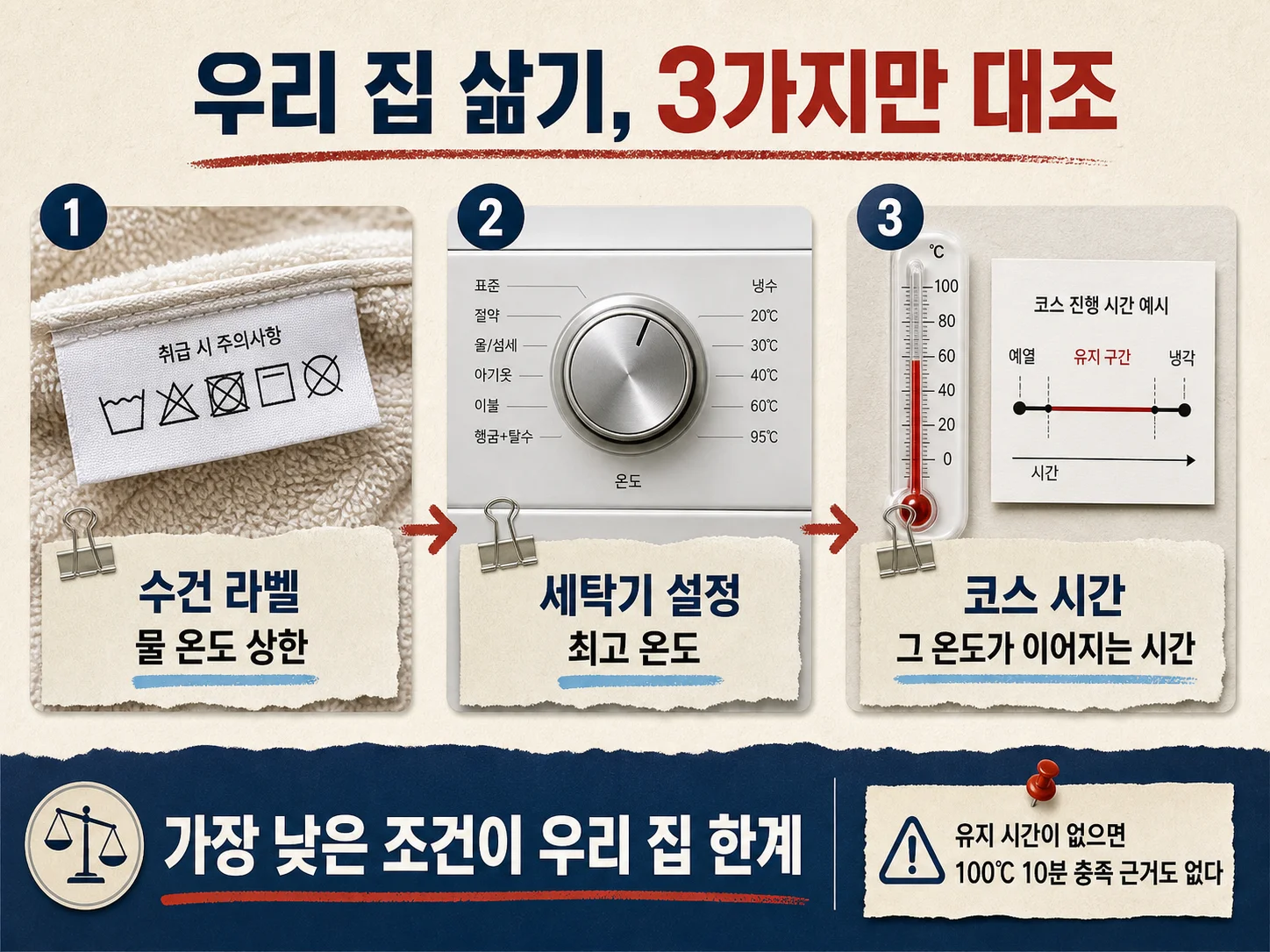 수건 세탁 라벨과 세탁기 온도 설정을 비교 확인하는 이미지