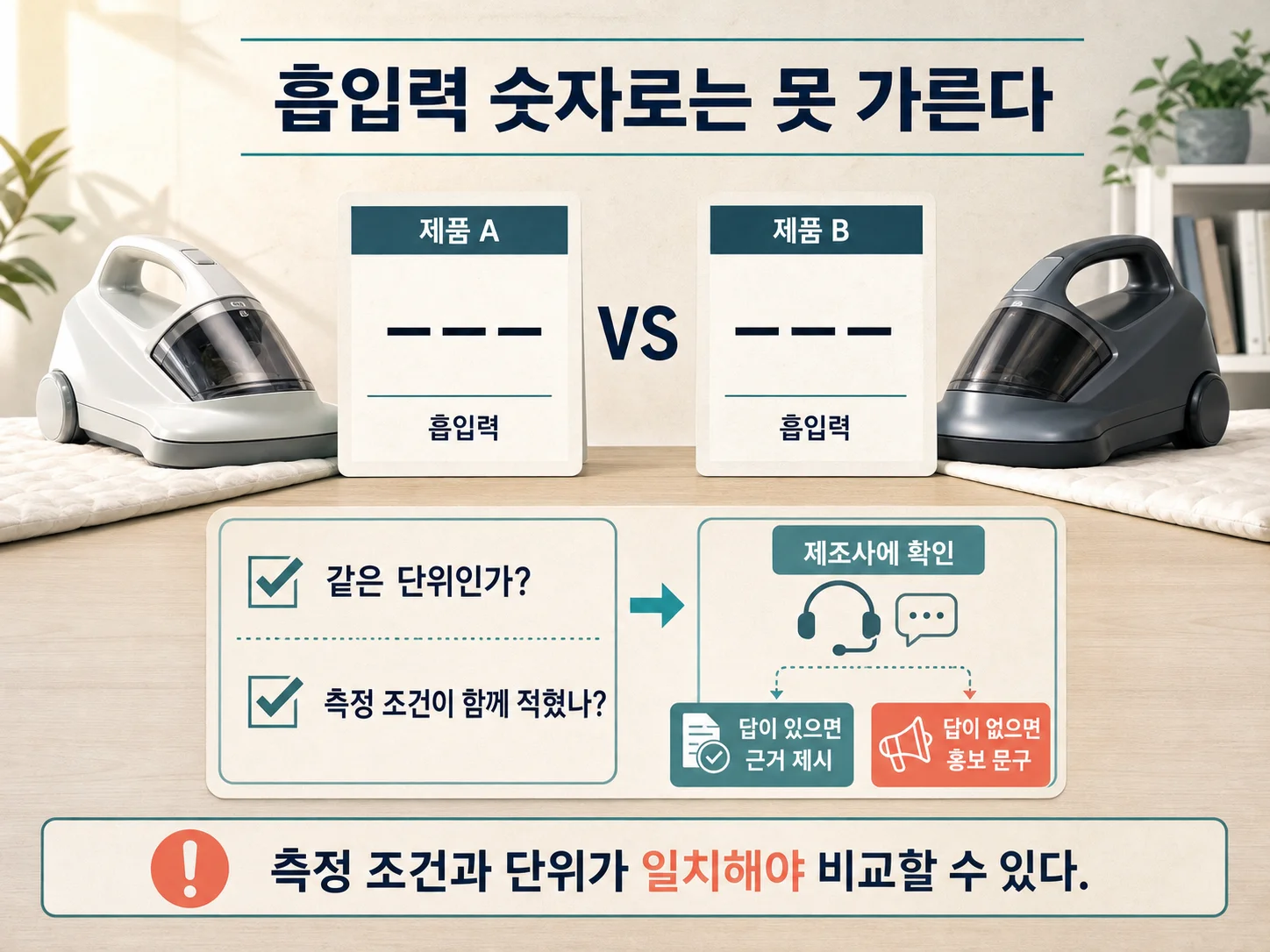 침구청소기 흡입력 숫자와 측정 조건을 나란히 비교하는 장면