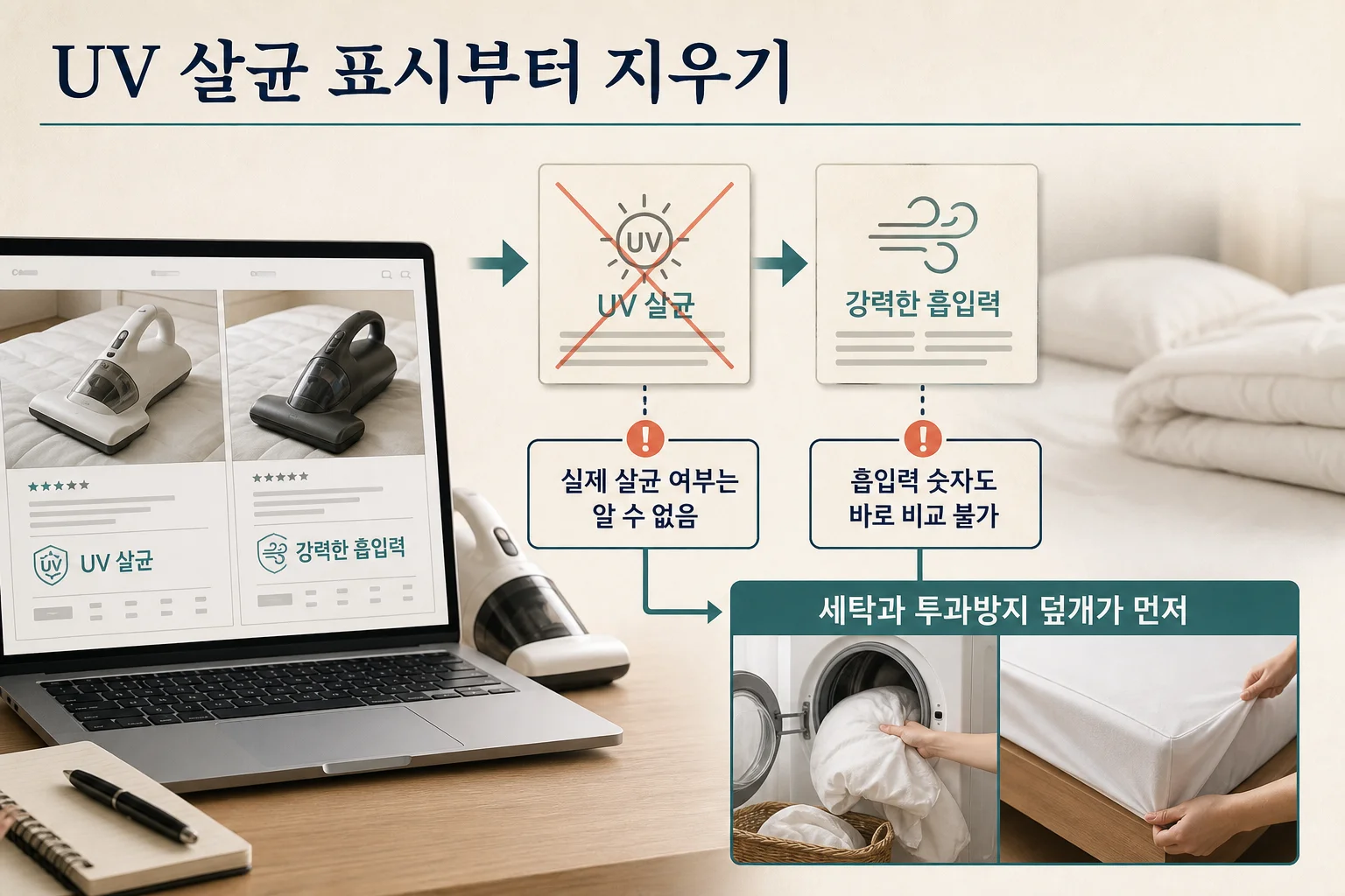 침구청소기 상세페이지의 UV 살균 표시 문구를 살펴보는 장면