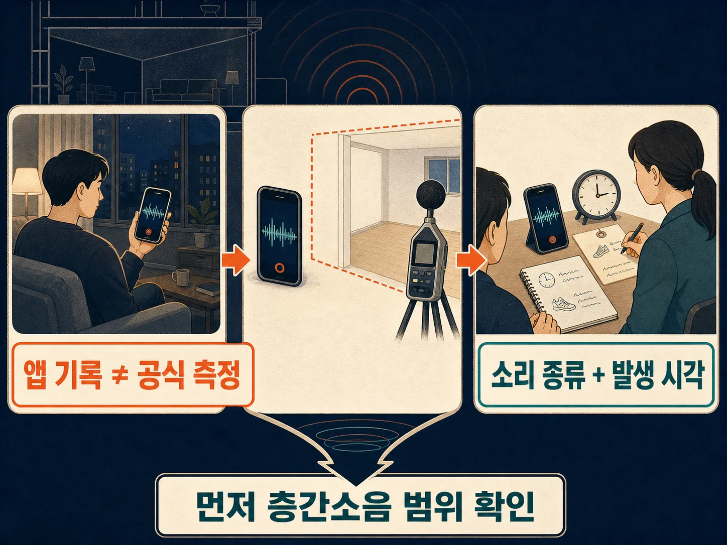 소음측정기 앱으로 혼자 기록한 층간소음 데시벨 화면을 저장해 두는 모습