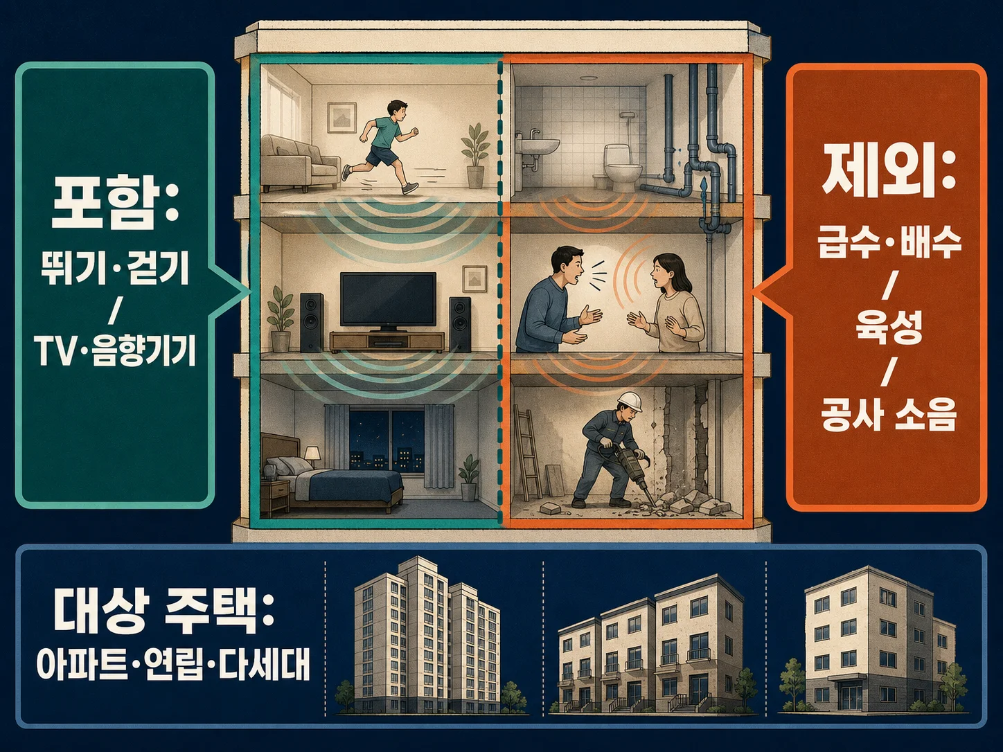 직접충격 소음과 공기전달 소음으로 나뉘는 층간소음 범위를 구분한 장면