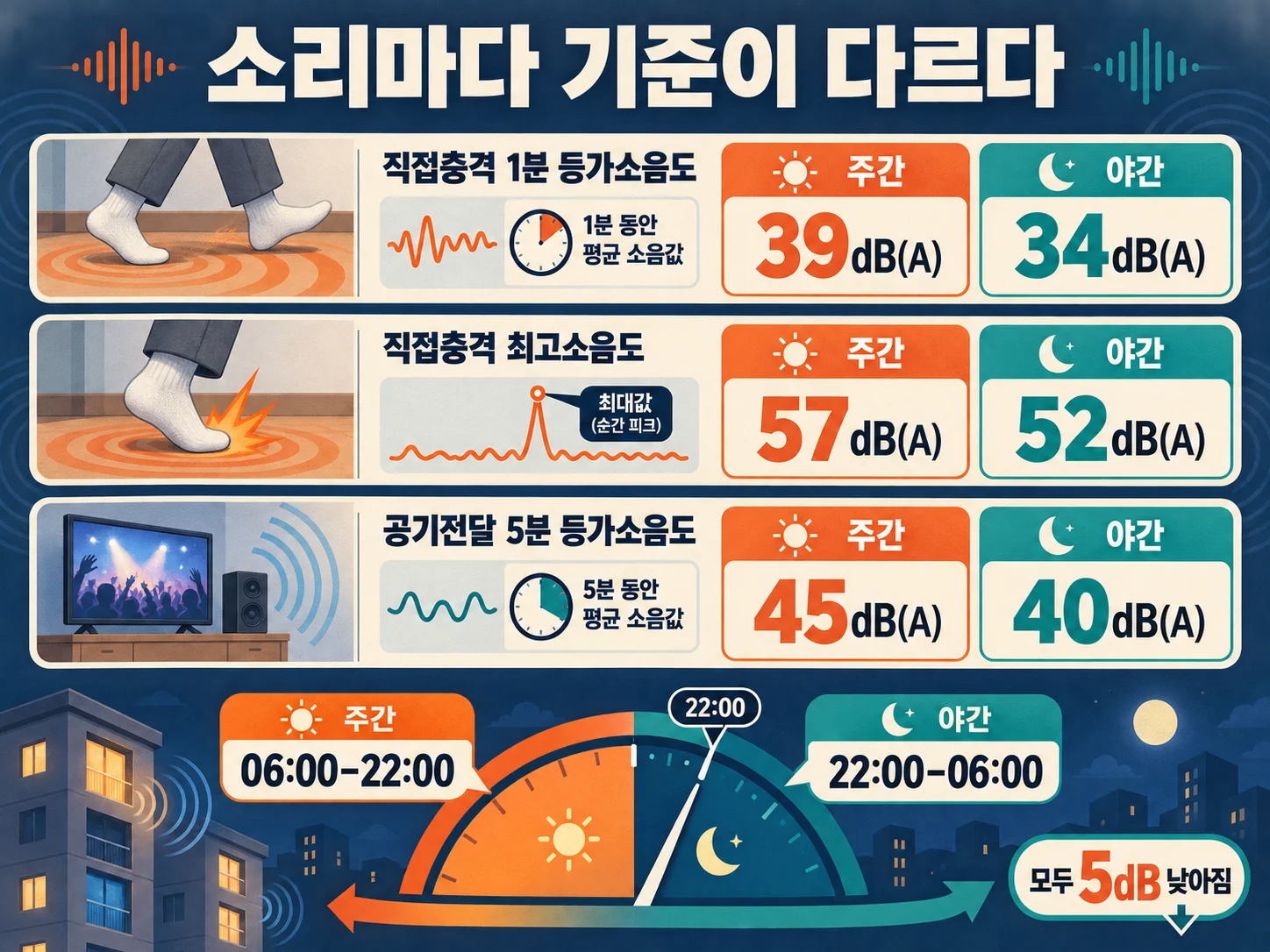 주간과 야간 층간소음 기준 데시벨 수치 차이를 나타낸 장면