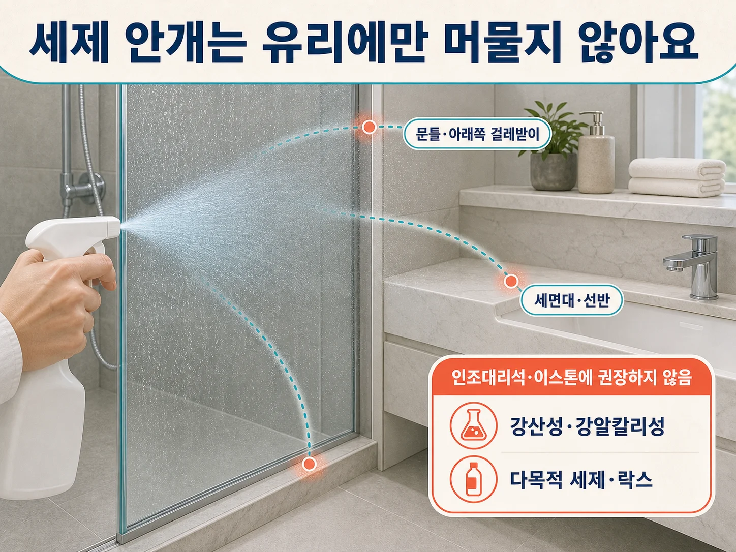 샤워부스 유리에 뿌린 세제 안개가 세면대와 선반까지 번지는 모습