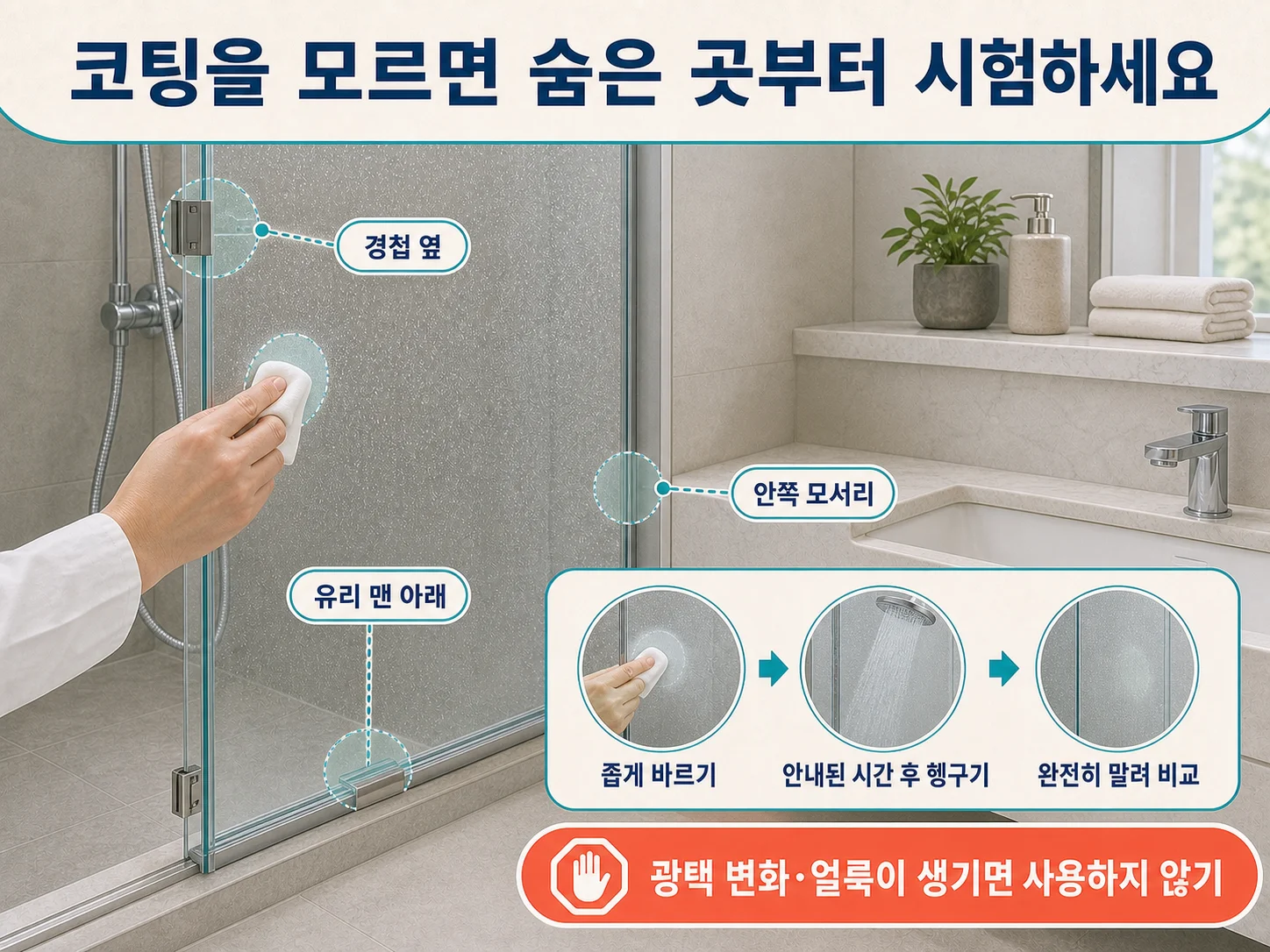 샤워부스 유리 코팅 여부를 눈에 띄지 않는 구석에서 시험하는 모습
