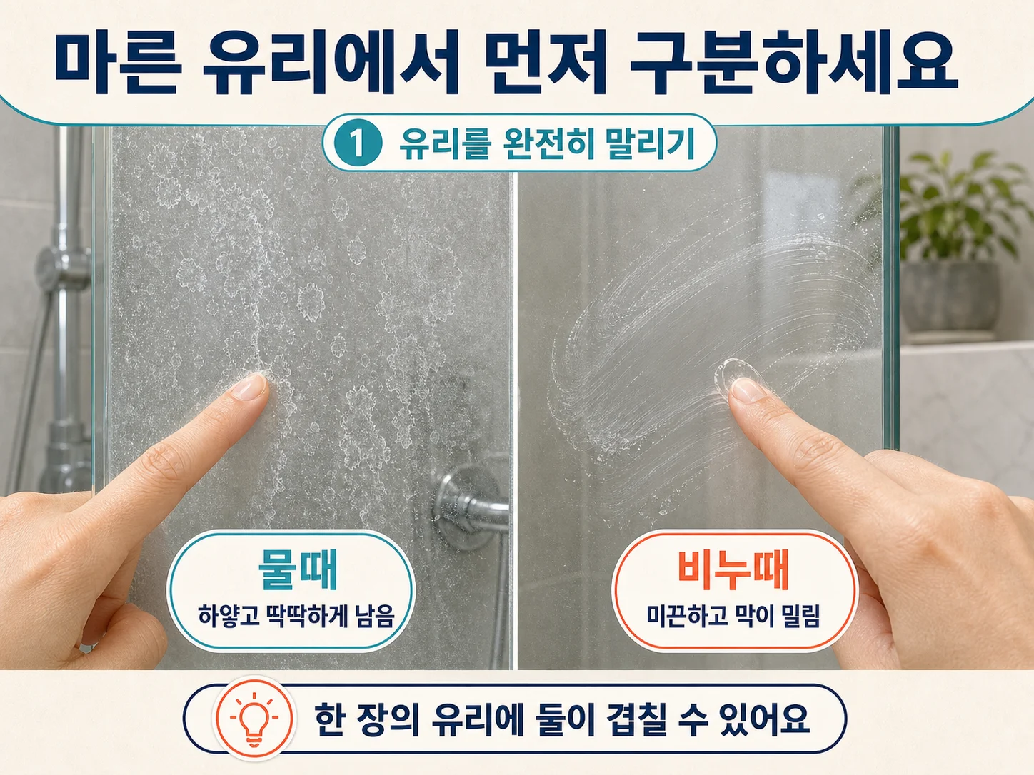 마른 샤워부스 유리에서 물때와 비누때를 손끝으로 구분하는 모습