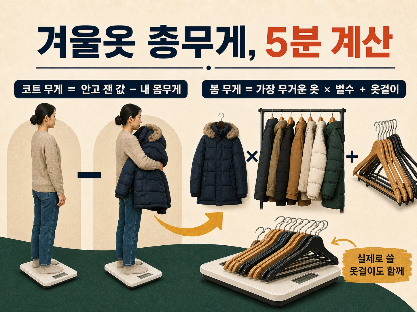 체중계로 겨울 코트 무게를 재서 옷장 총무게 계산하기