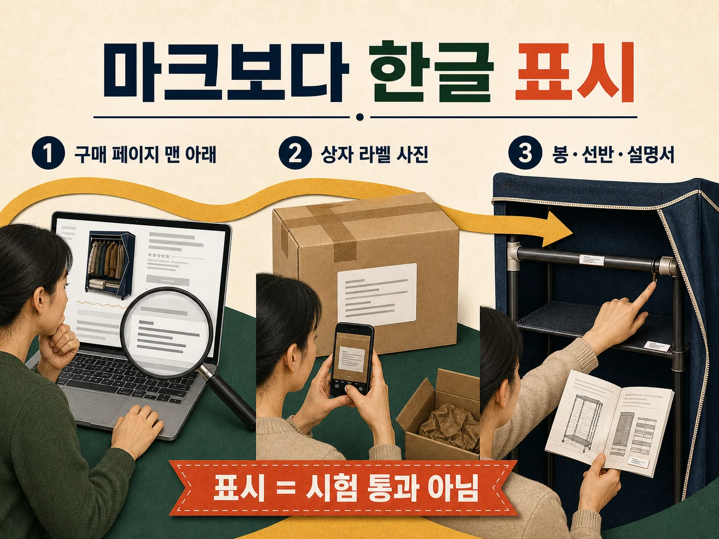 비키니 옷장 상자와 봉에 붙은 한글 표시사항 확인하기