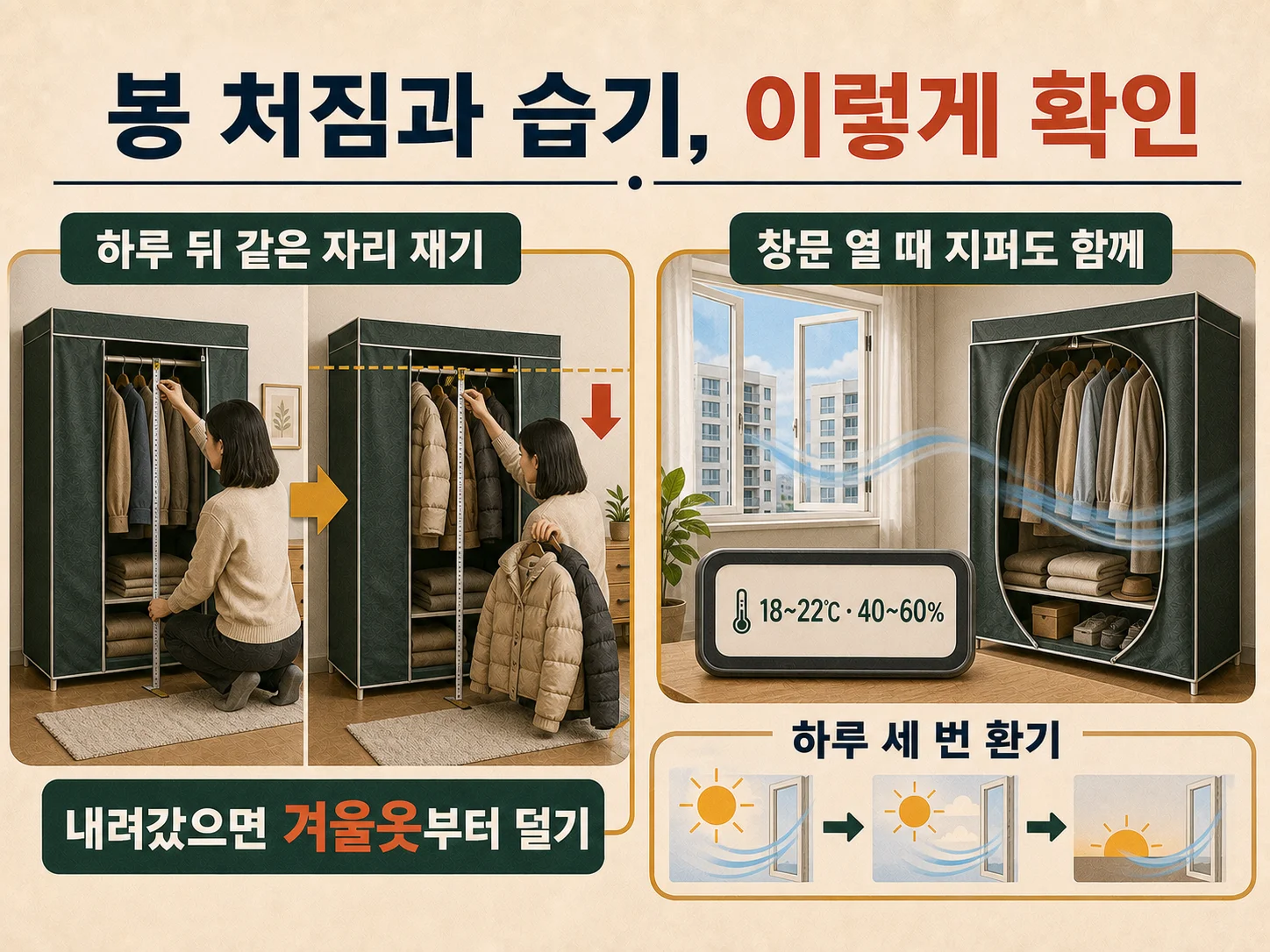 비키니 옷장 봉 처짐과 습도 확인으로 습기 관리하기