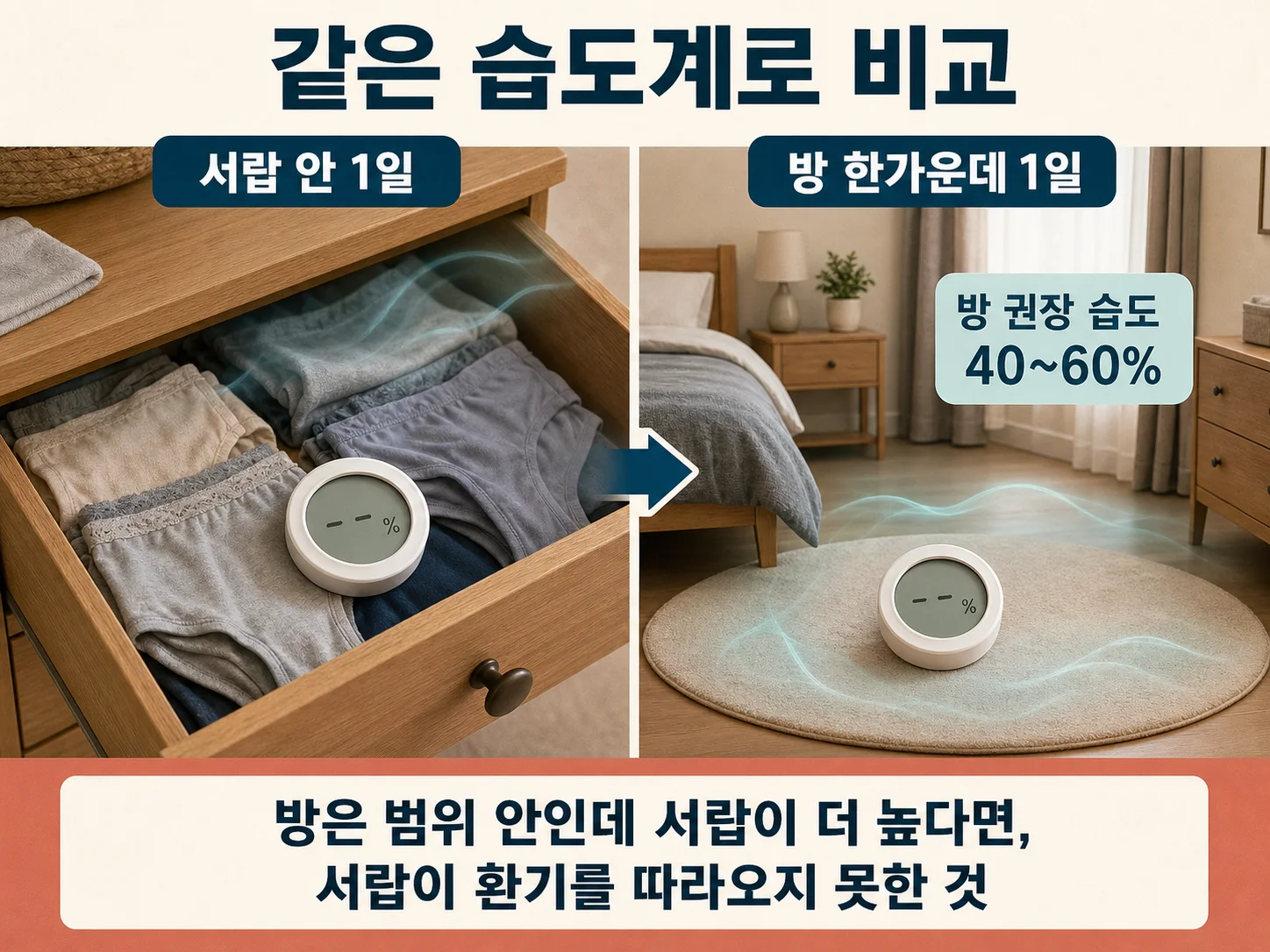 습도계로 속옷 서랍 내부 습도를 측정하는 모습