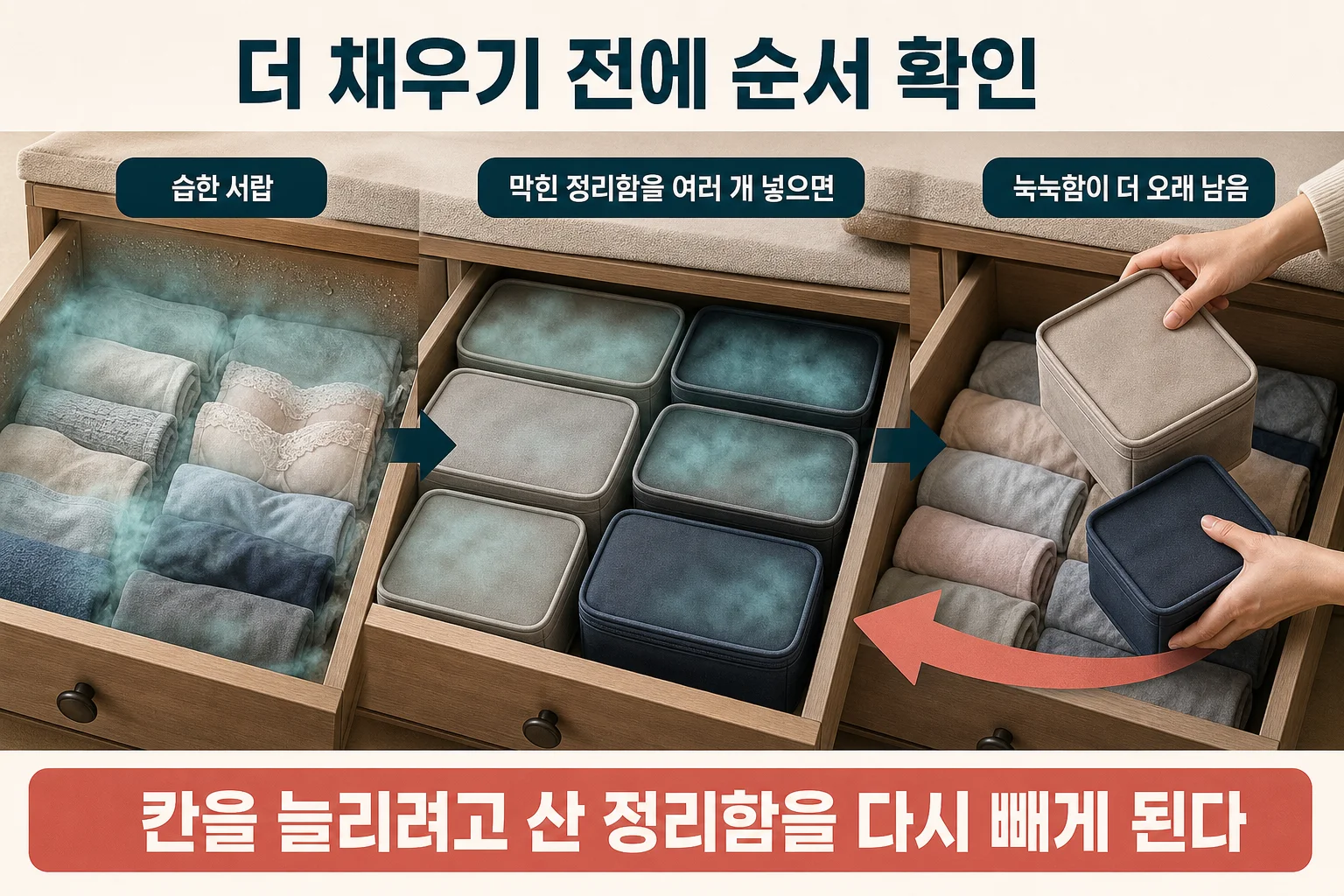습기 점검 후 속옷정리함에 속옷을 정리해 넣은 서랍