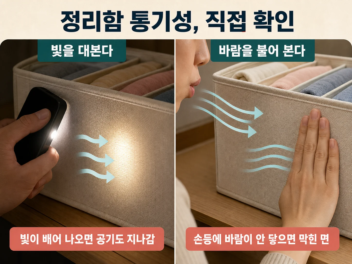 손전등과 입김으로 속옷정리함 통기성을 확인하는 방법