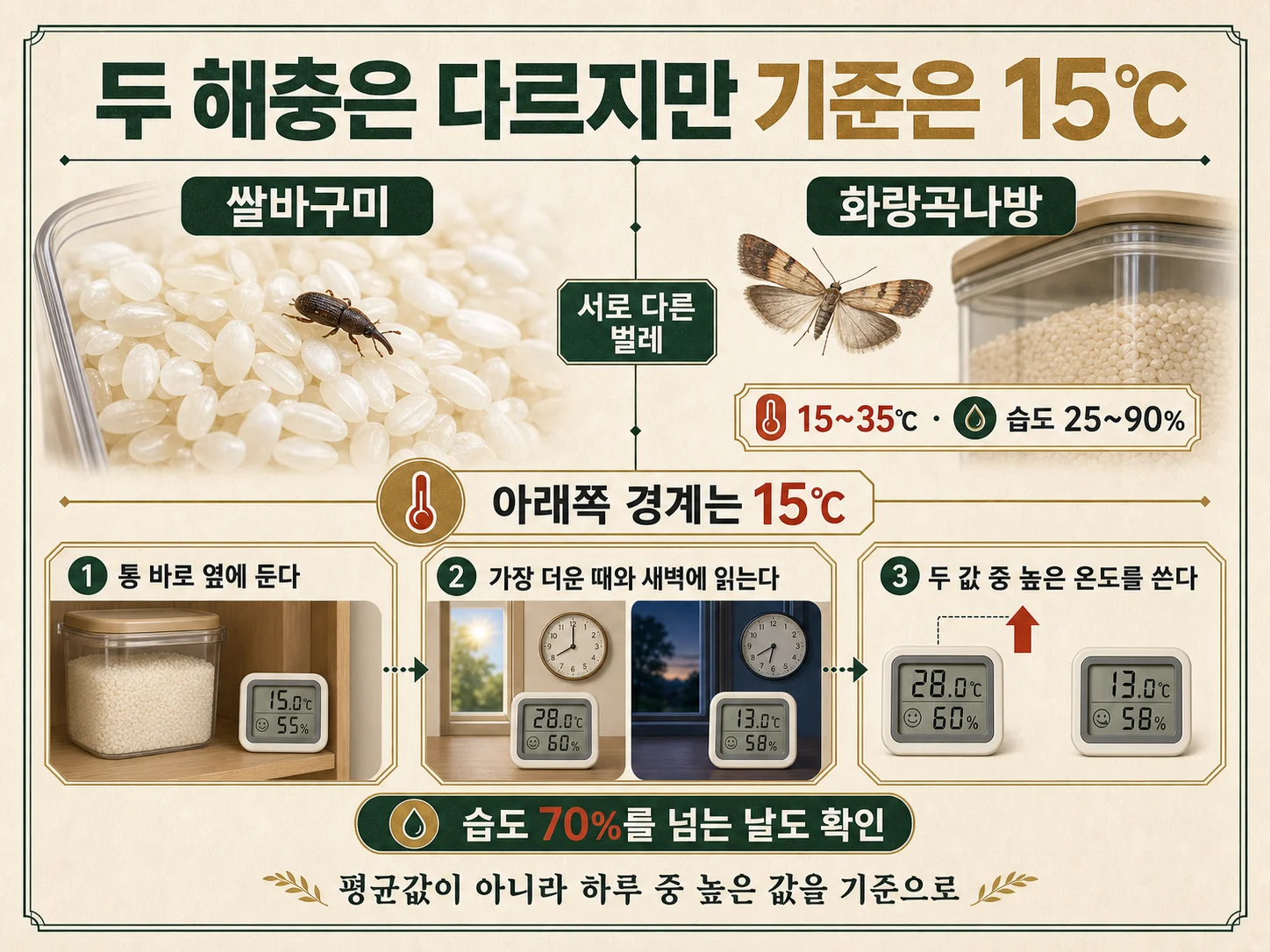 쌀통 옆에 온습도계를 두고 화랑곡나방 발생 온도 측정