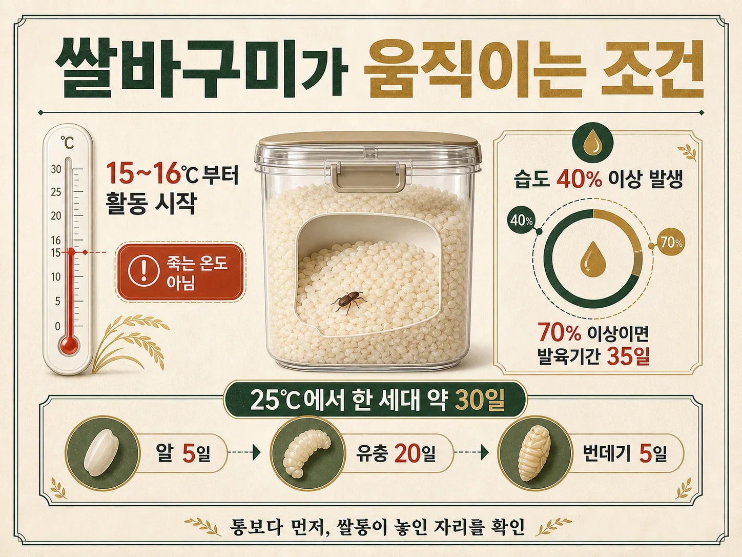 쌀바구미 활동 시작 온도와 습도 조건 확인