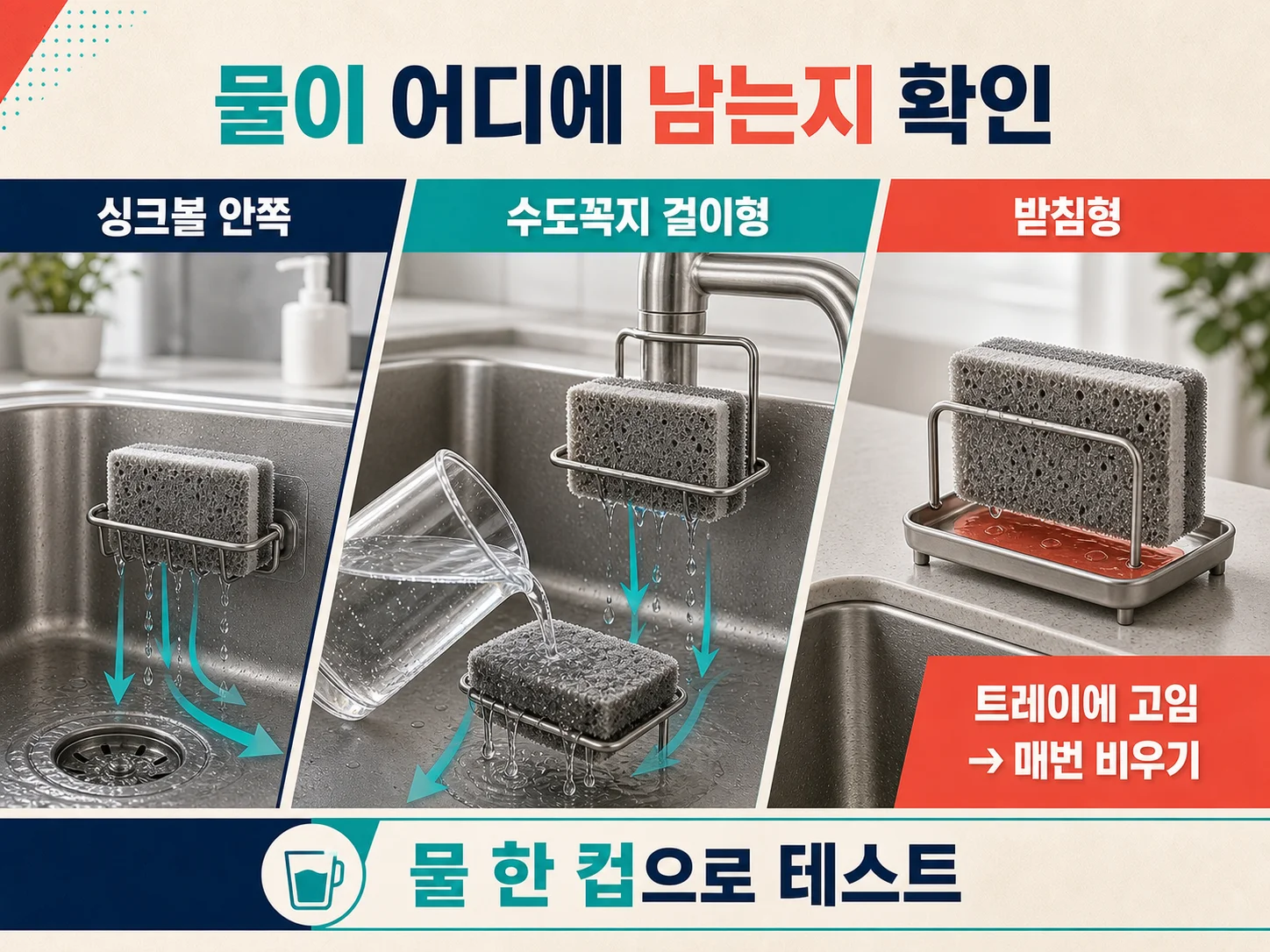 수세미 거치대 물빠짐 구조를 확인하는 이미지