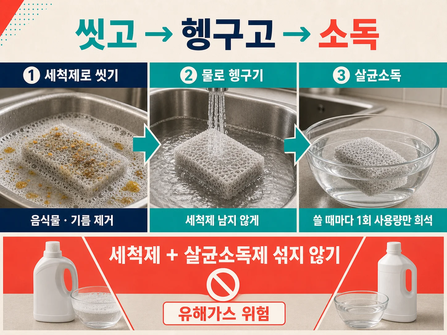 끓는 물과 전자레인지로 수세미를 살균소독하는 순서를 보여주는 이미지