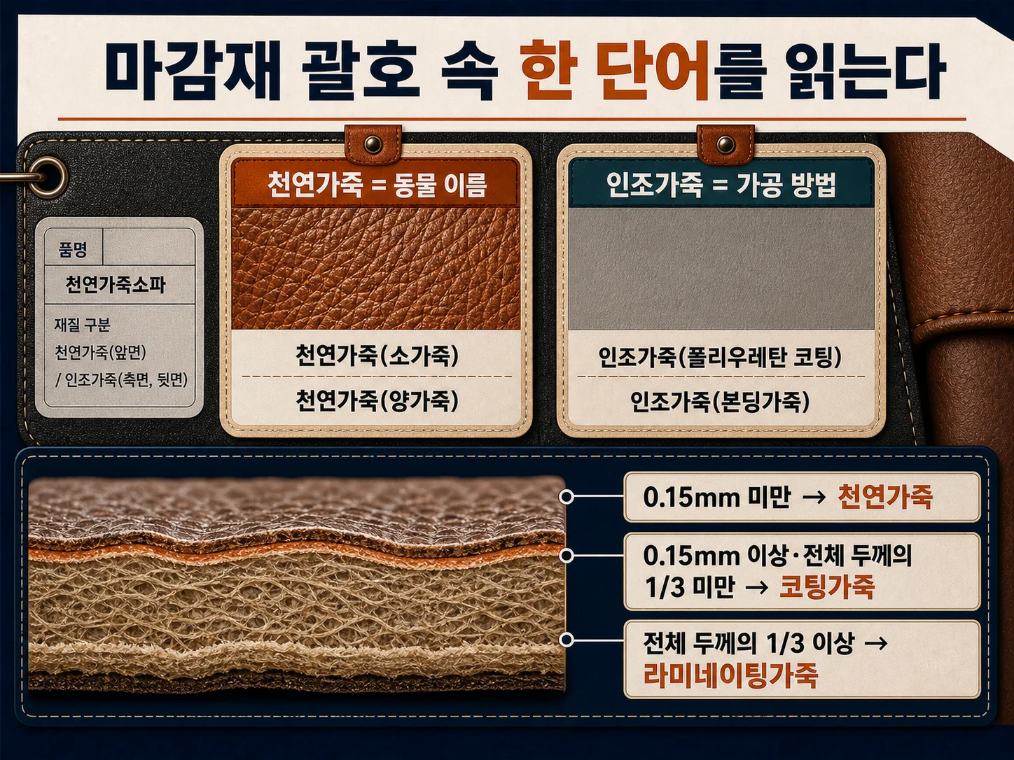 마감재 칸에 표시되는 천연가죽과 인조가죽 조성 구분