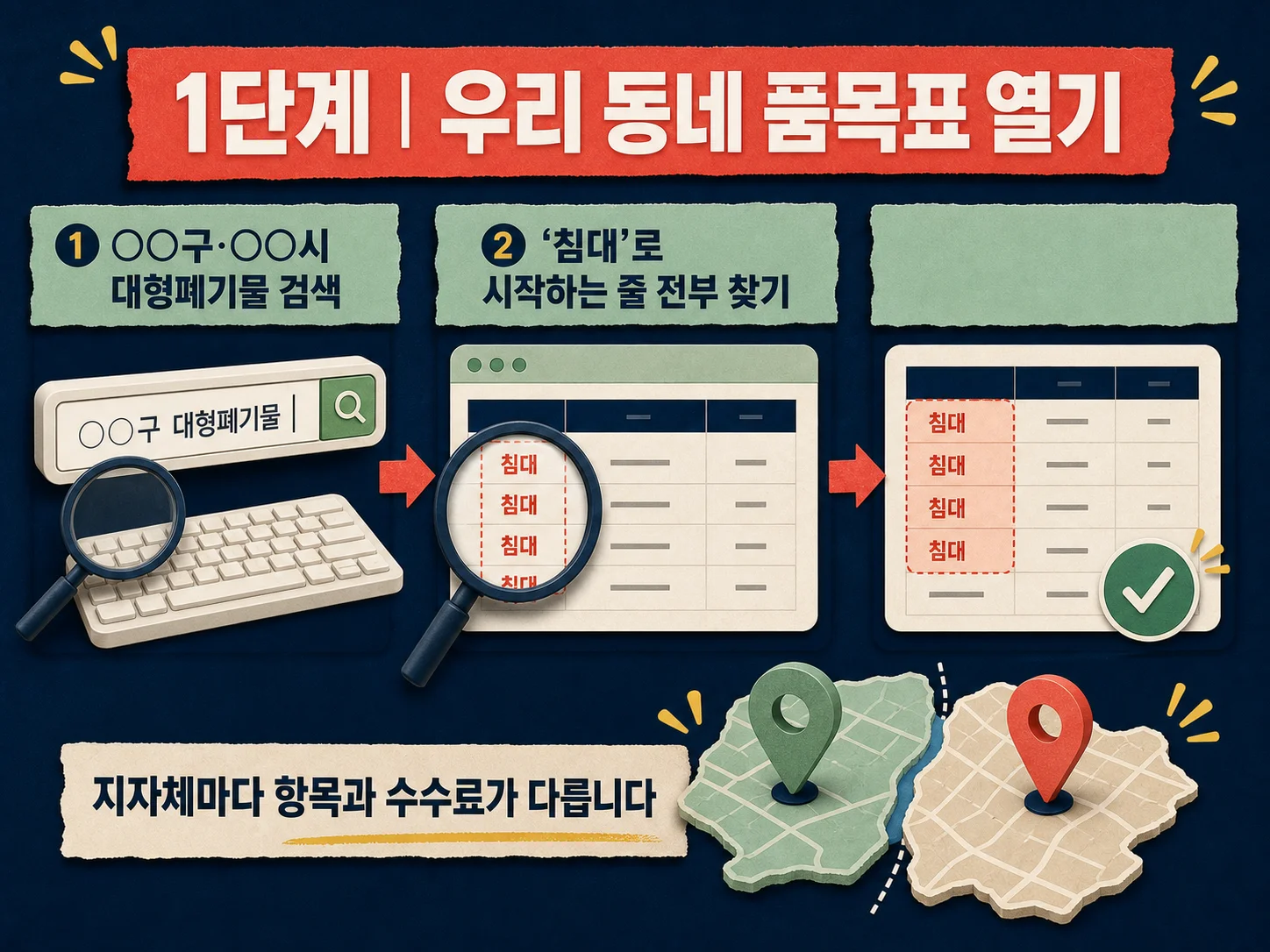 지자체 대형폐기물 품목표에서 침대 항목 확인