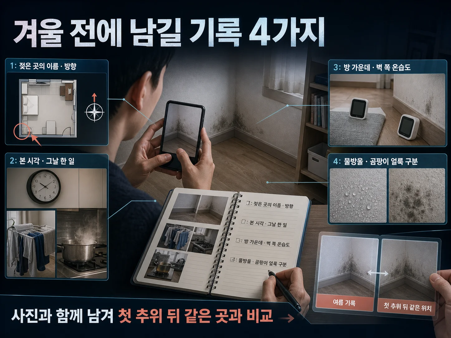 겨울철 결로 재확인을 위한 위치와 습도 기록표