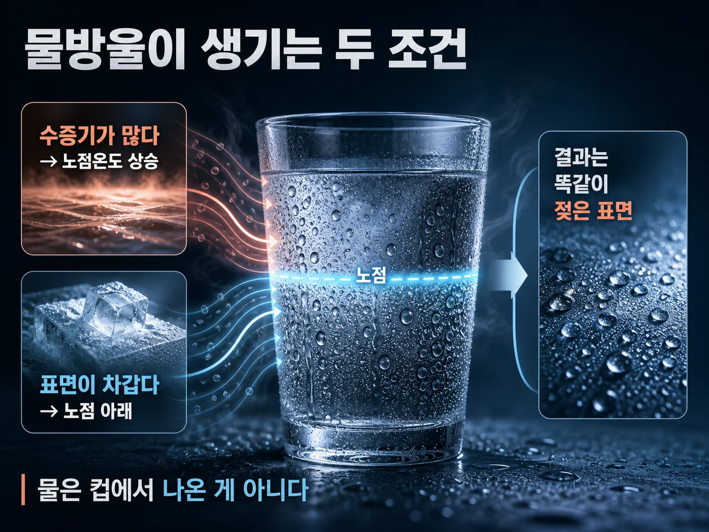 노점온도와 표면온도 차이로 물이 맺히는 결로 원리
