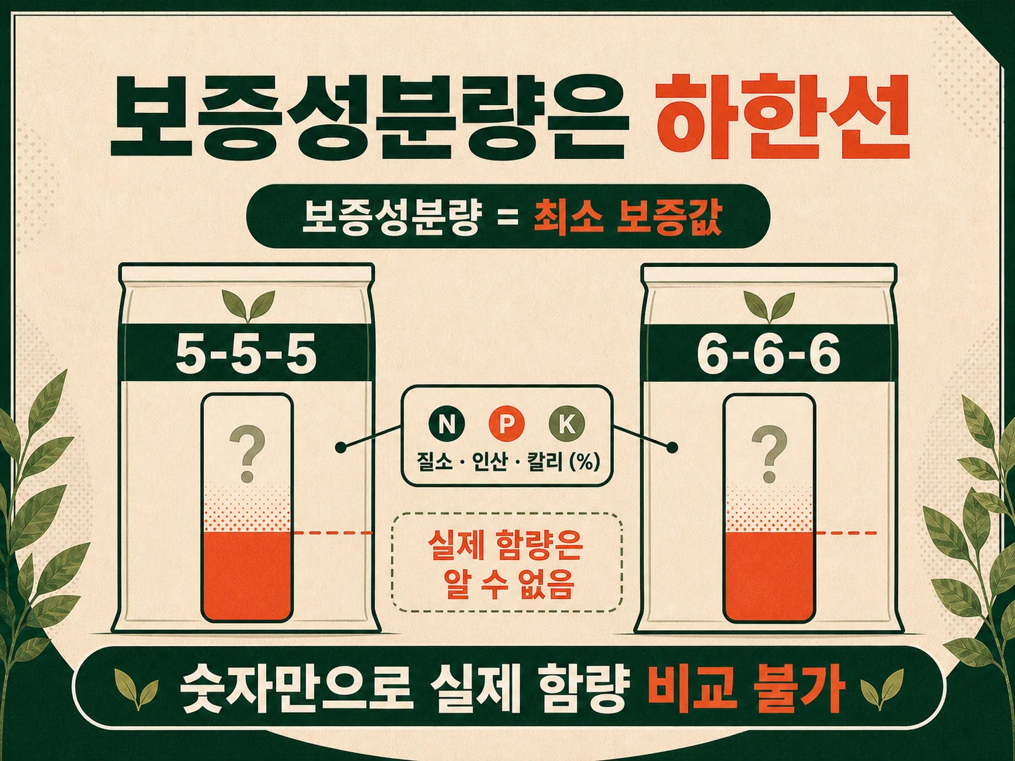 보증성분량 N-P-K 숫자가 하한선을 뜻한다는 점을 보여주는 라벨