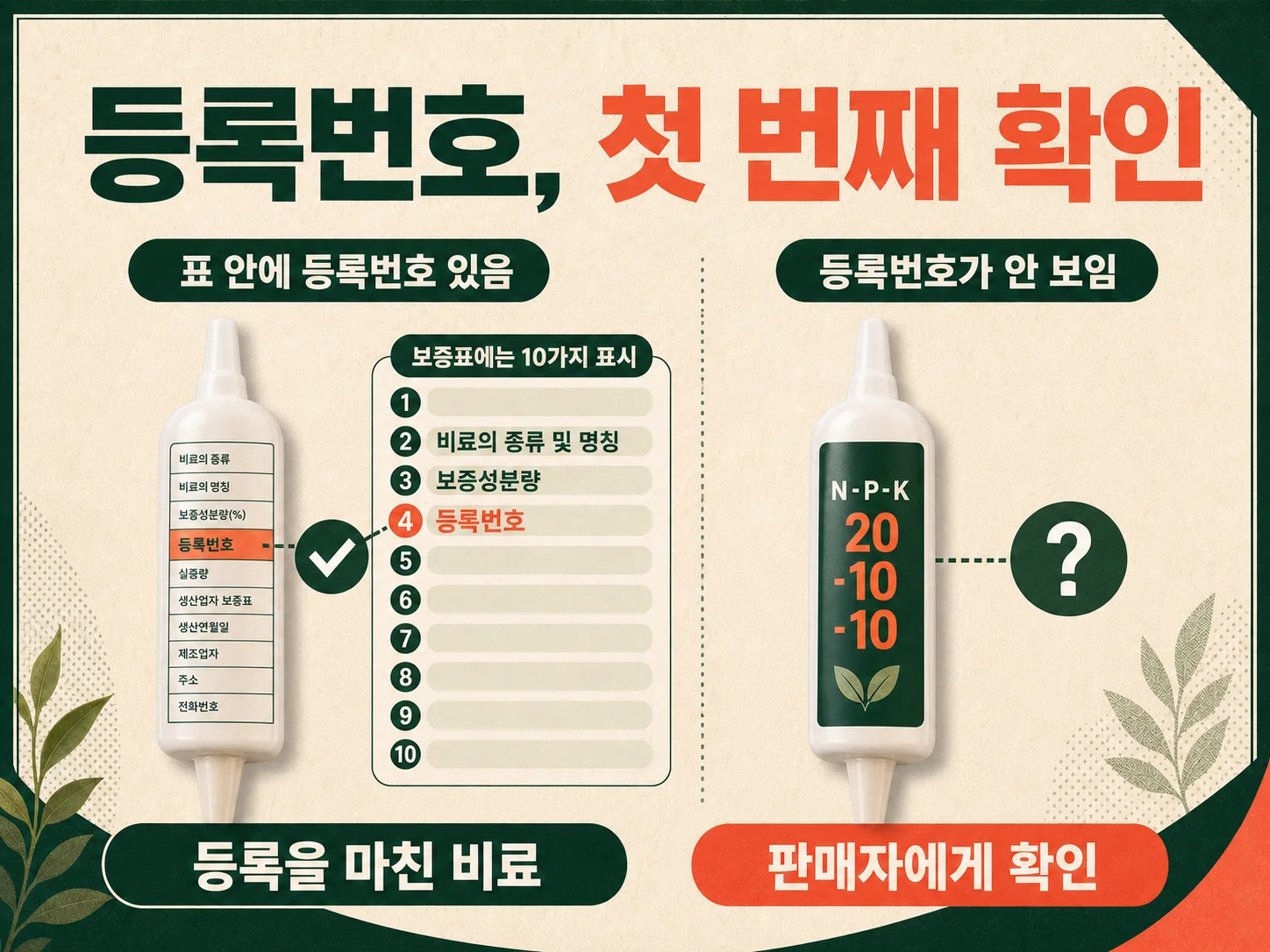 비료 포장 보증표에 표시되는 등록번호와 열 가지 표시 항목