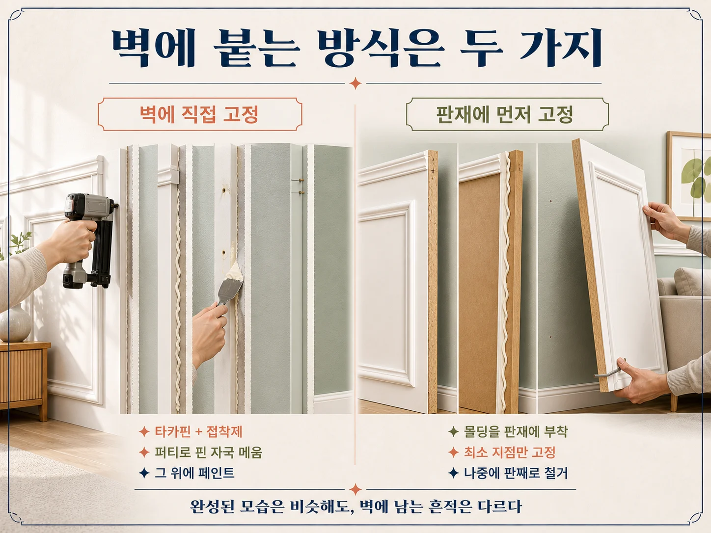 웨인스코팅을 벽에 붙이는 두 가지 고정 방식 비교