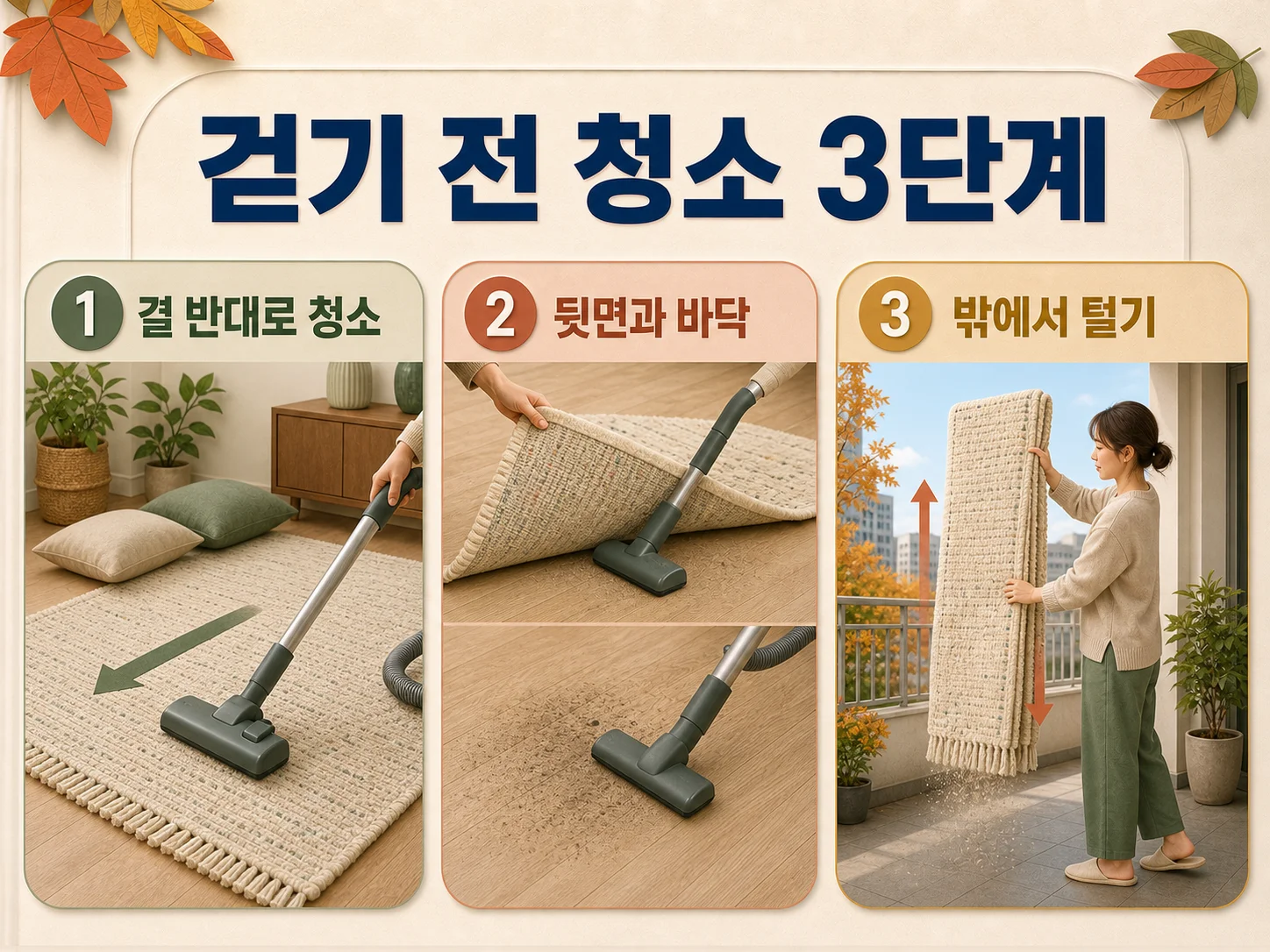 청소기와 야외 털기로 여름 러그 먼지를 제거하는 단계