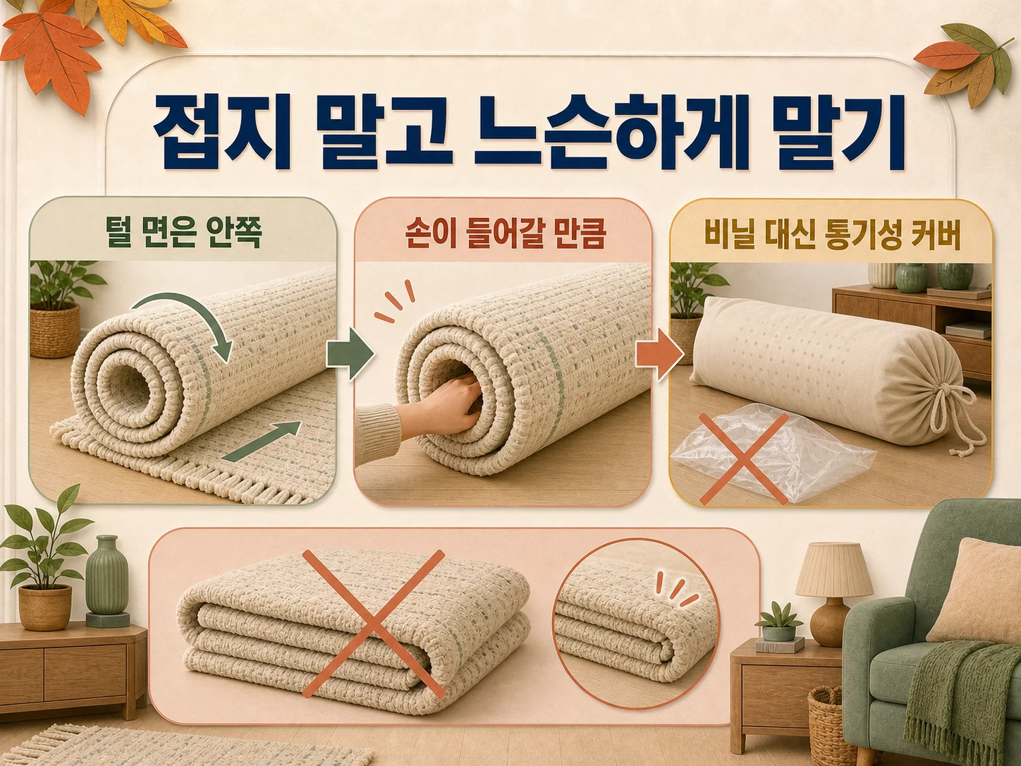 여름 러그를 결 방향으로 말아 부직포 커버로 포장하는 모습