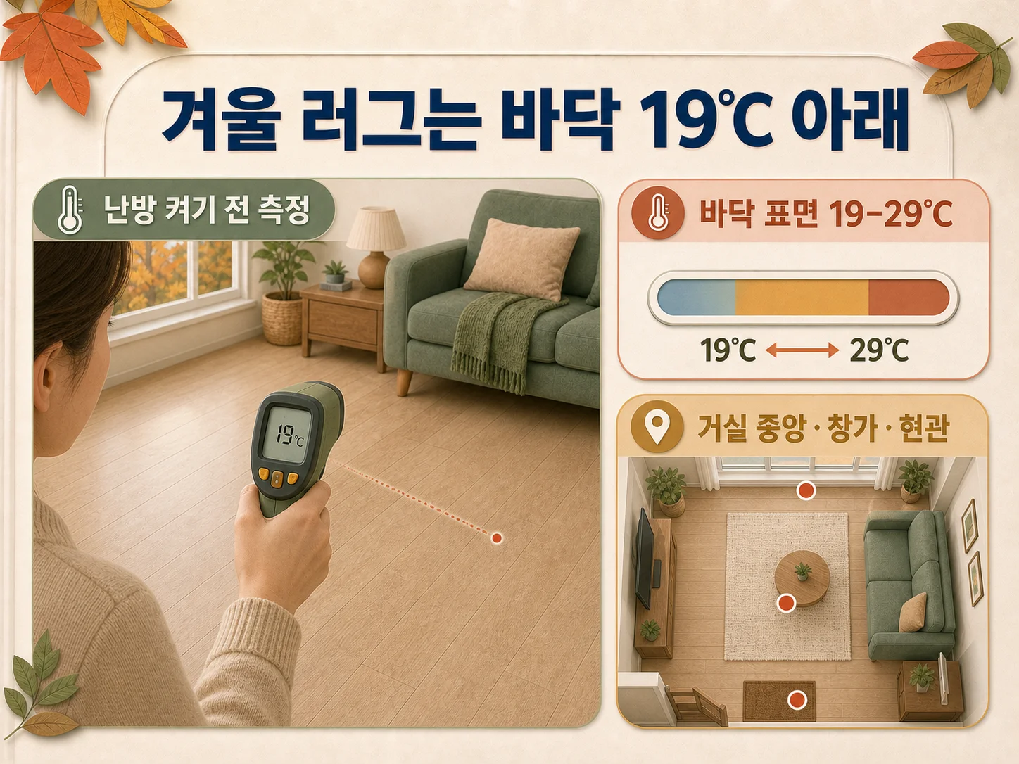 적외선 온도계로 바닥 온도를 재어 겨울 러그 시기를 확인