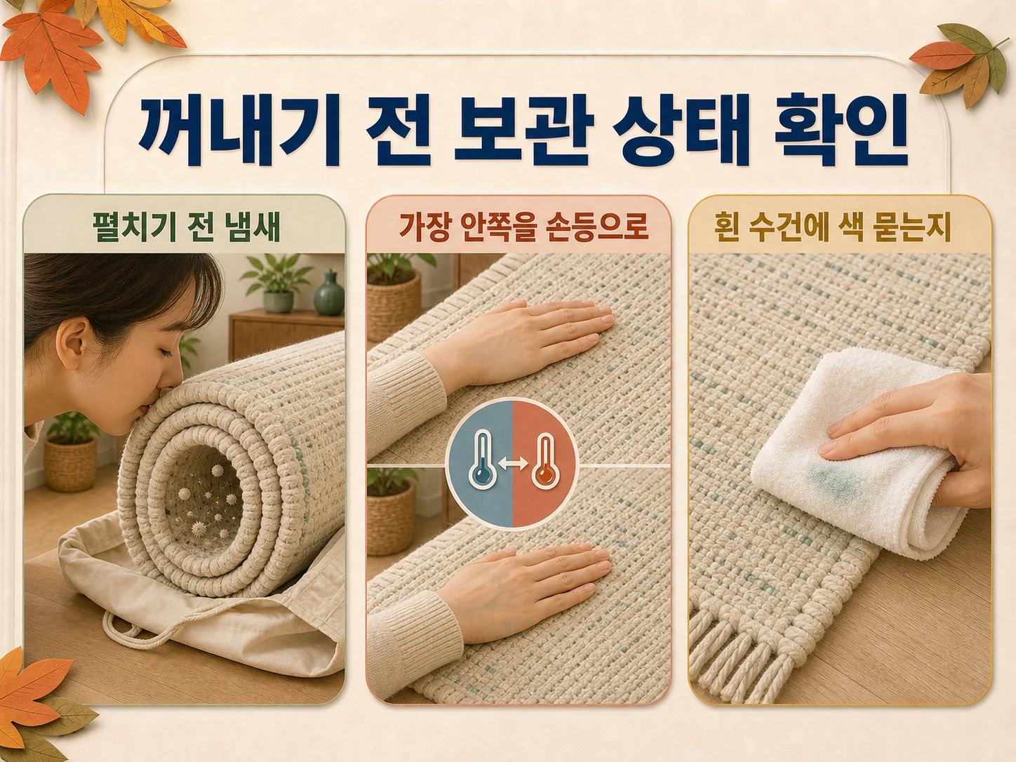 보관했던 러그를 펼쳐 곰팡이와 습기 여부를 점검하는 모습