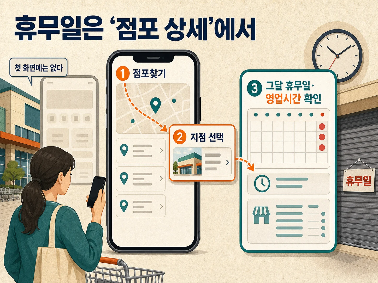 이마트 점포 상세 페이지에서 휴무일을 확인하는 모습을 담은 이미지