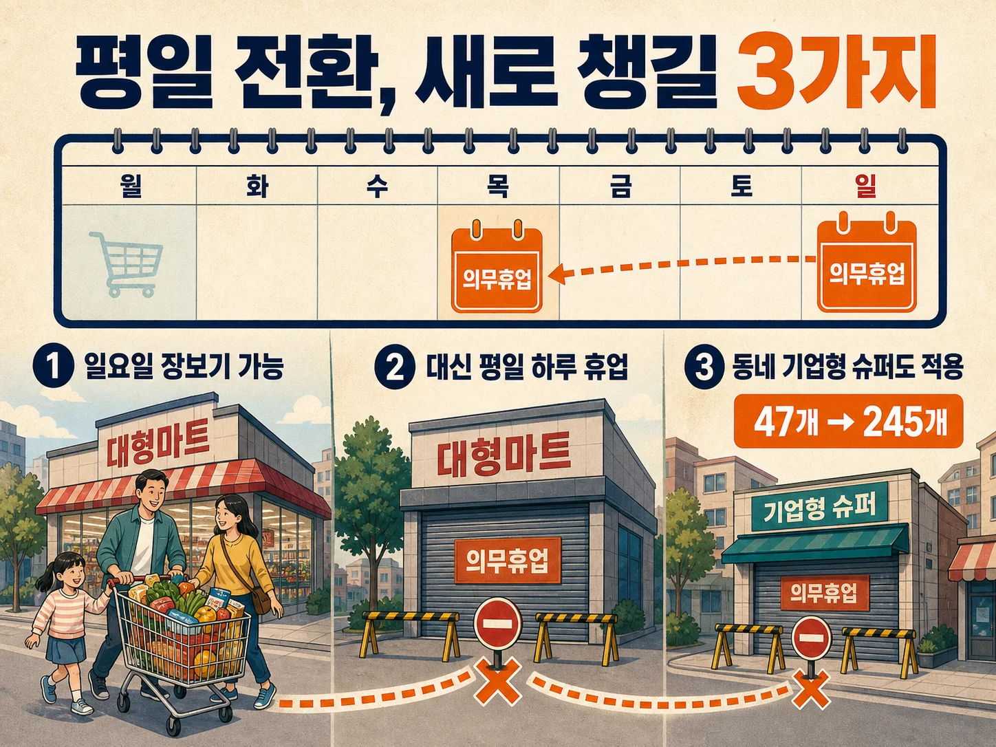 일요일 장보기와 평일 휴업일 변화를 함께 챙기는 체크리스트 이미지
