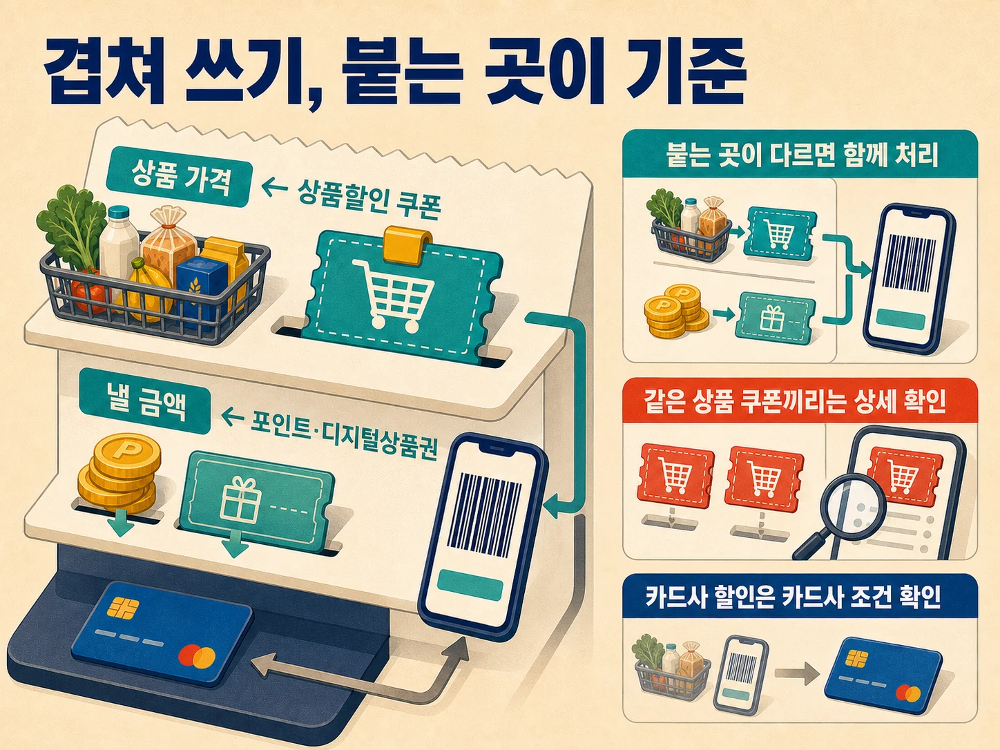 마트 상품할인 쿠폰과 포인트 적립이 함께 적용되는 바코드 결제 장면
