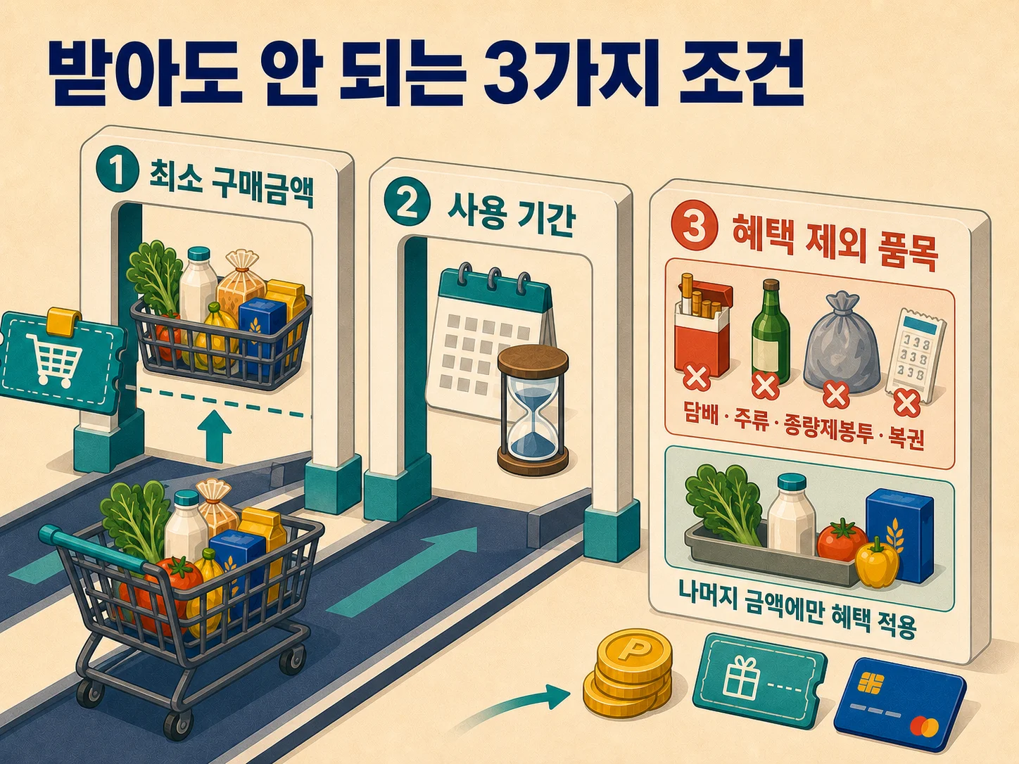 마트 쿠폰 사용 조건 확인과 혜택 알림 설정을 함께 보여주는 장면