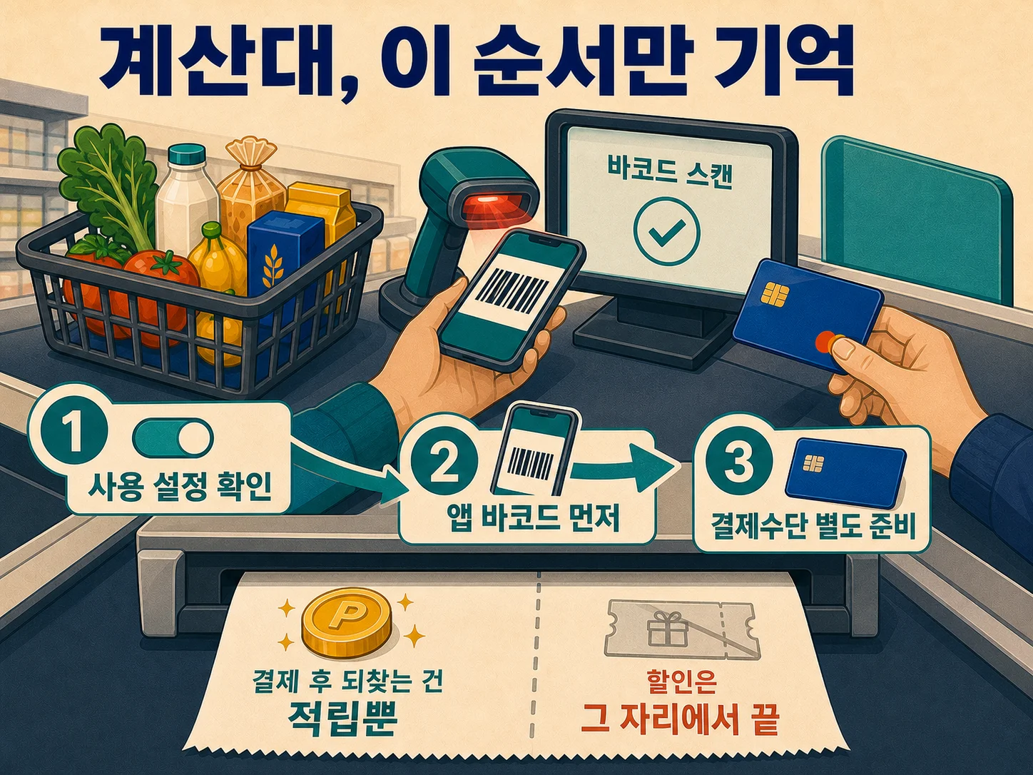 계산대에서 카드보다 먼저 마트 앱 바코드를 스캔하는 모습
