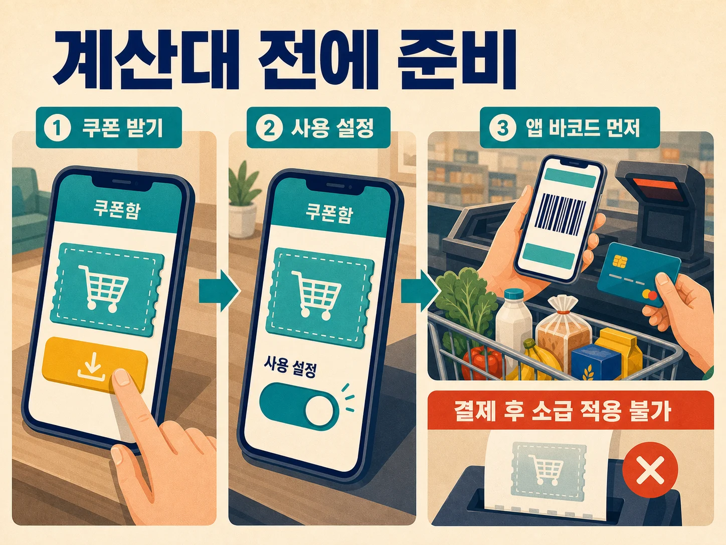 이마트·홈플러스·롯데마트 앱에서 쿠폰을 받아 사용 설정하는 장면