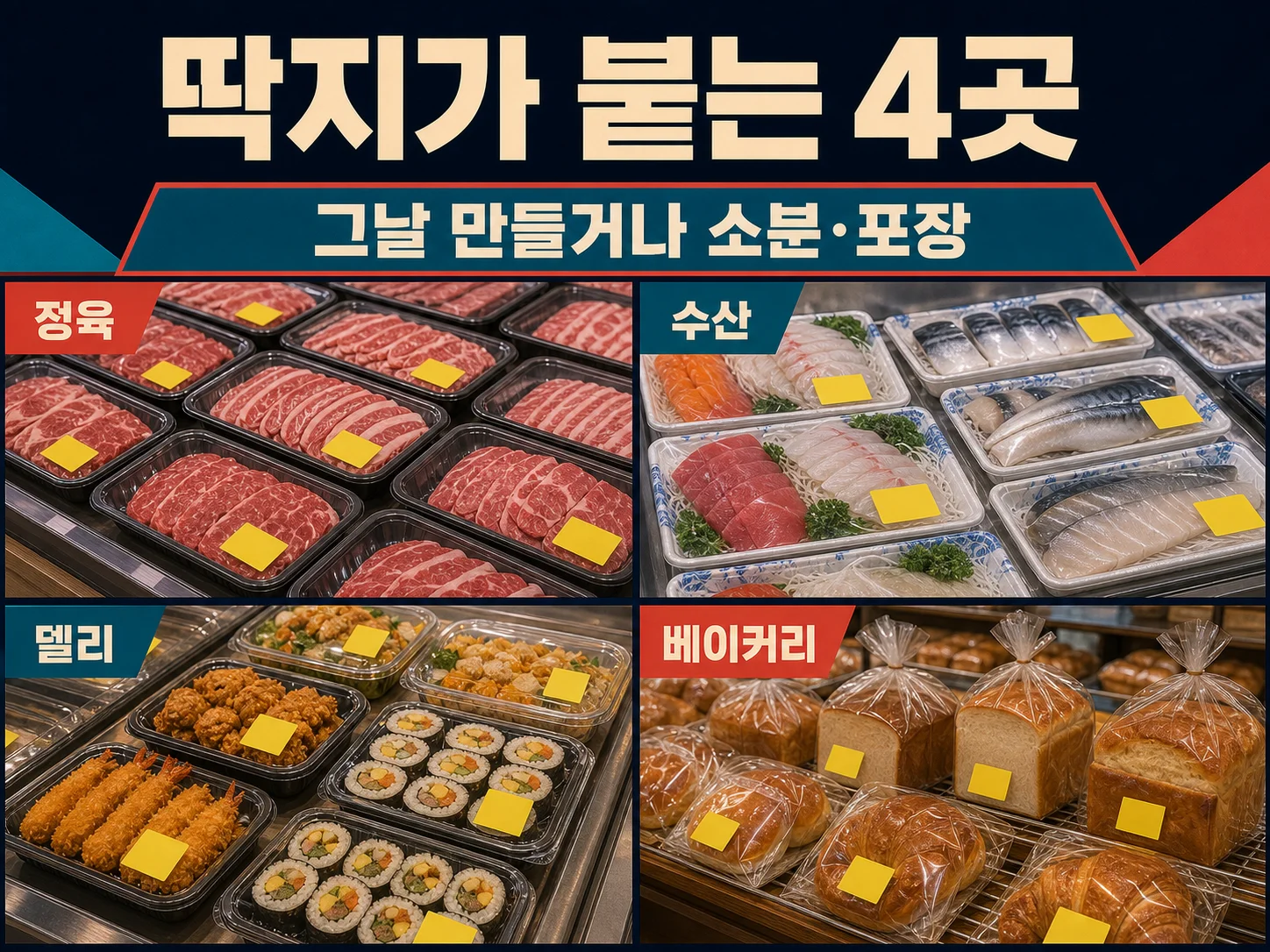 정육 수산 델리 베이커리 코너의 마감 할인 딱지를 비교한 이미지